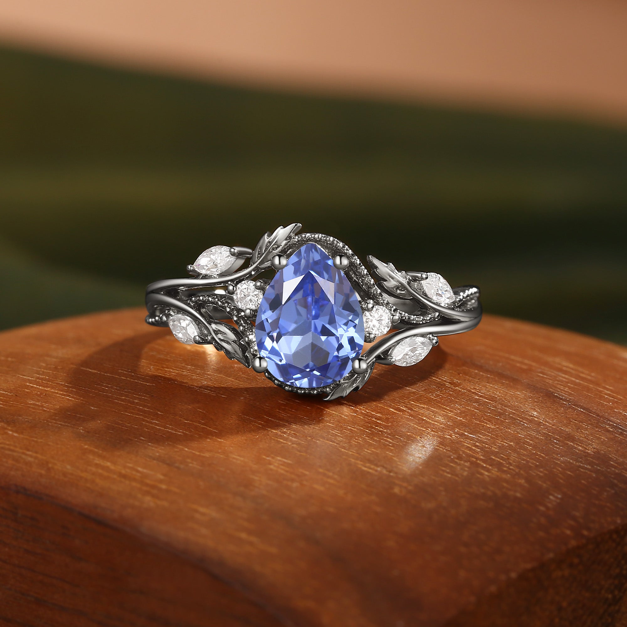 Filigree Leafy Pear Cut Cornflower Blue Sapphire Engagement Ring - Hesper