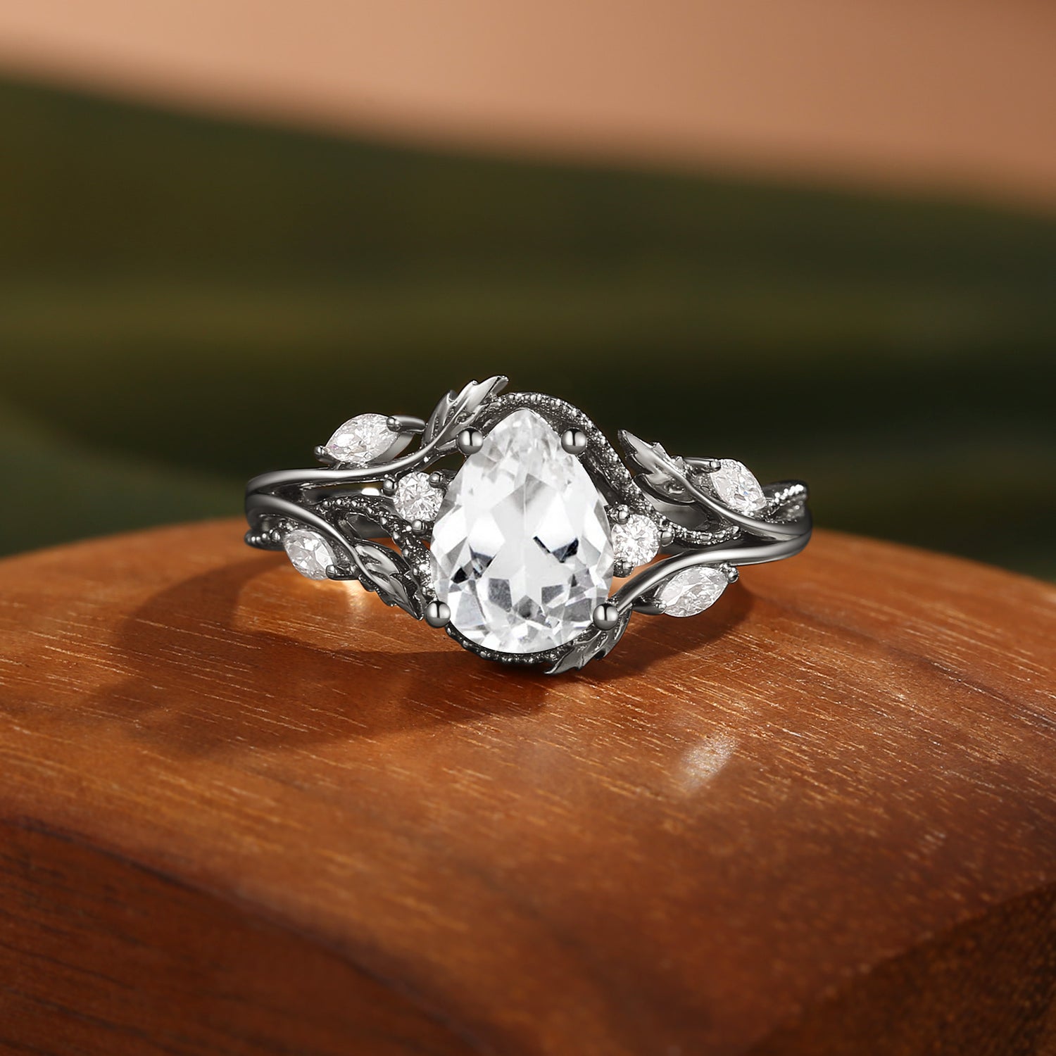 Filigree Leafy Pear Cut White Sapphire Engagement Ring - Hesper