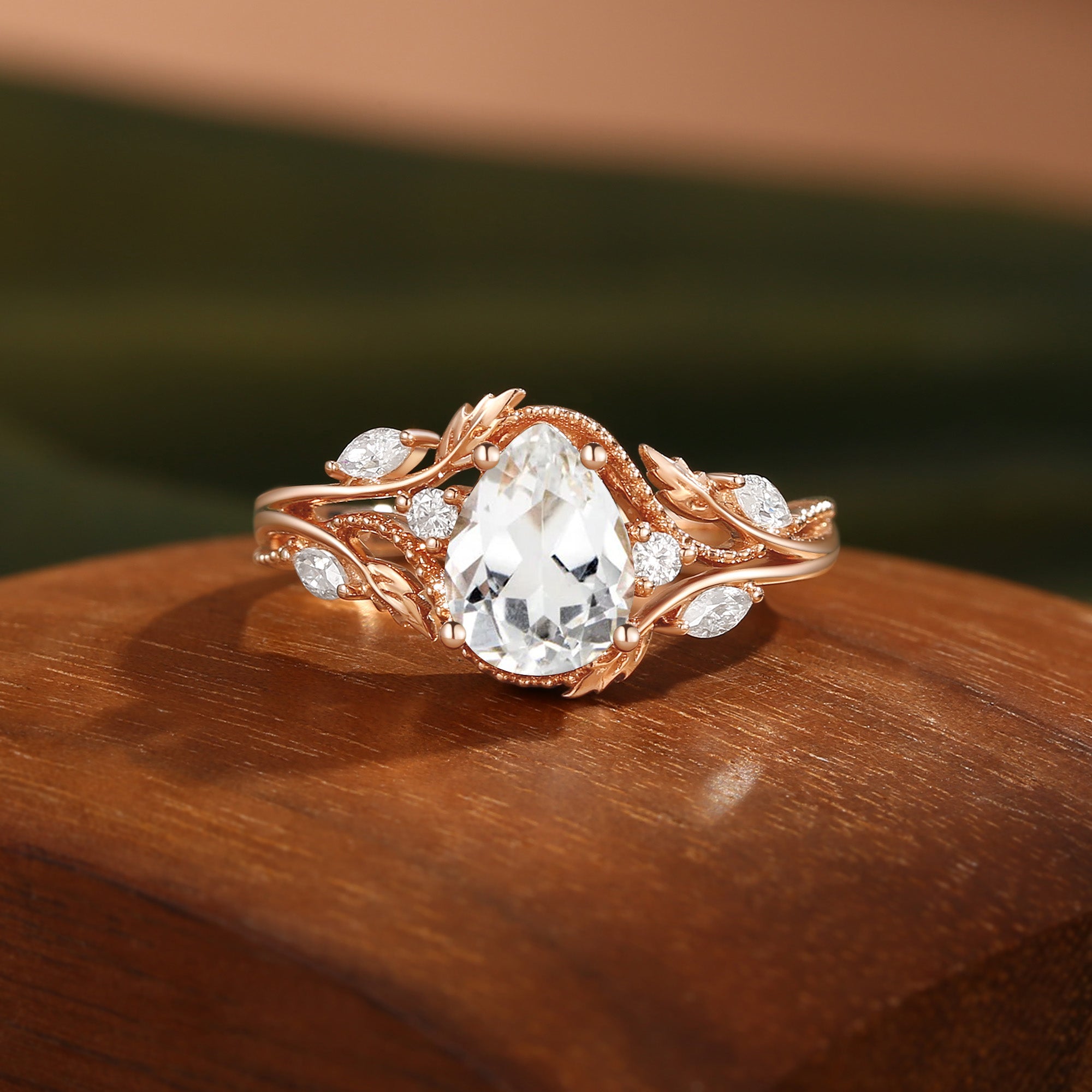 Filigree Leafy Pear Cut White Sapphire Engagement Ring - Hesper