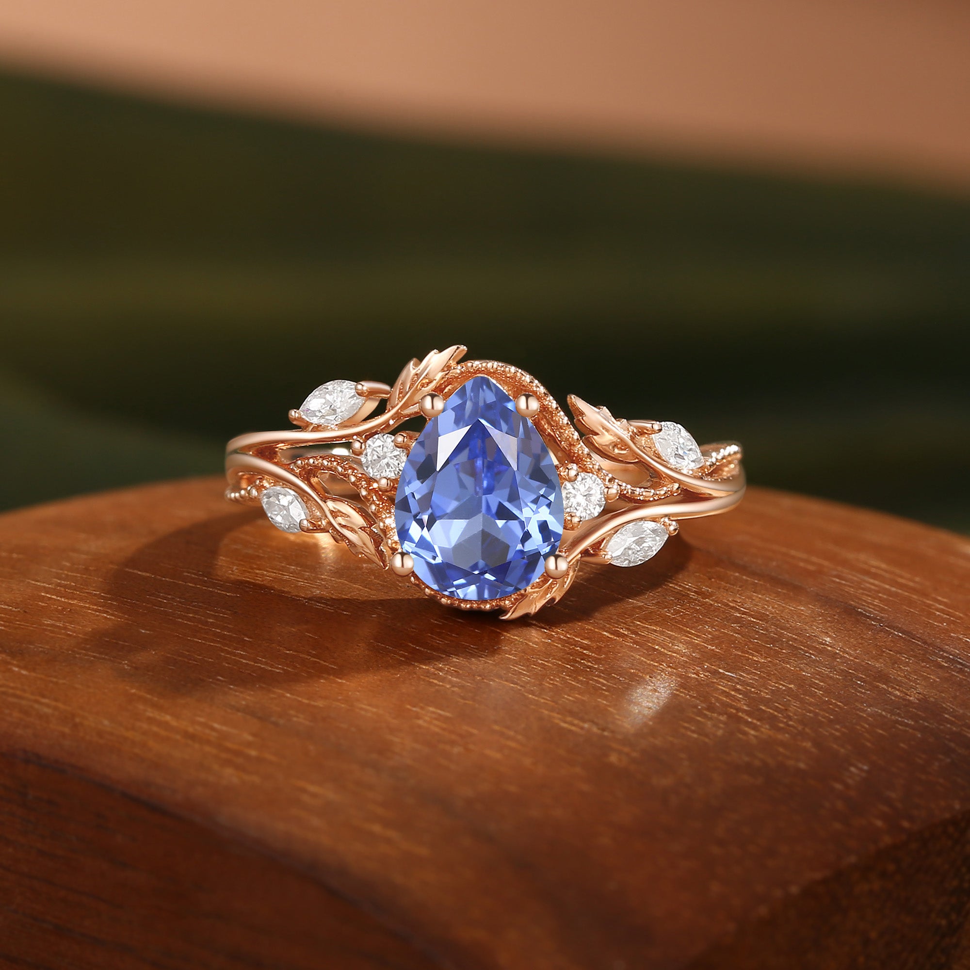 Filigree Leafy Pear Cut Cornflower Blue Sapphire Engagement Ring - Hesper