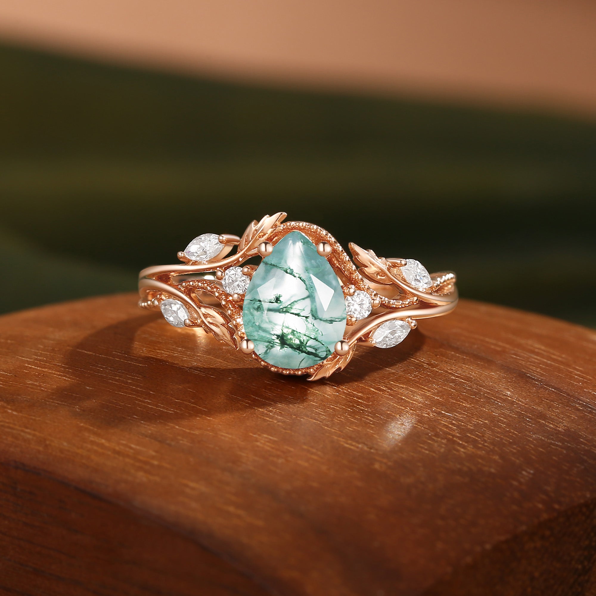 Filigree Leafy Pear Cut Moss Agate Engagement Ring - Hesper
