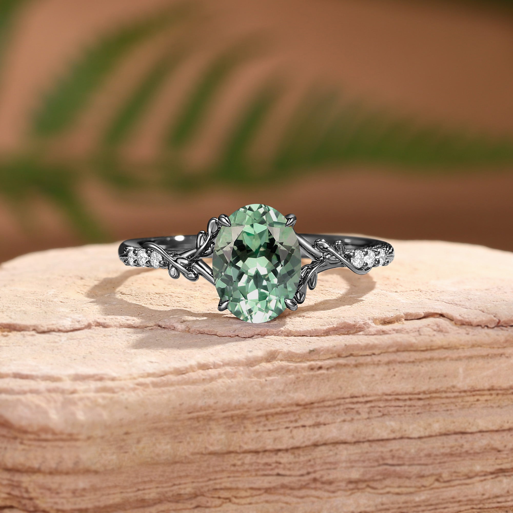 Black Gold Oval Cut Green Sapphire Leaf Curved Engagement Ring - Drisana
