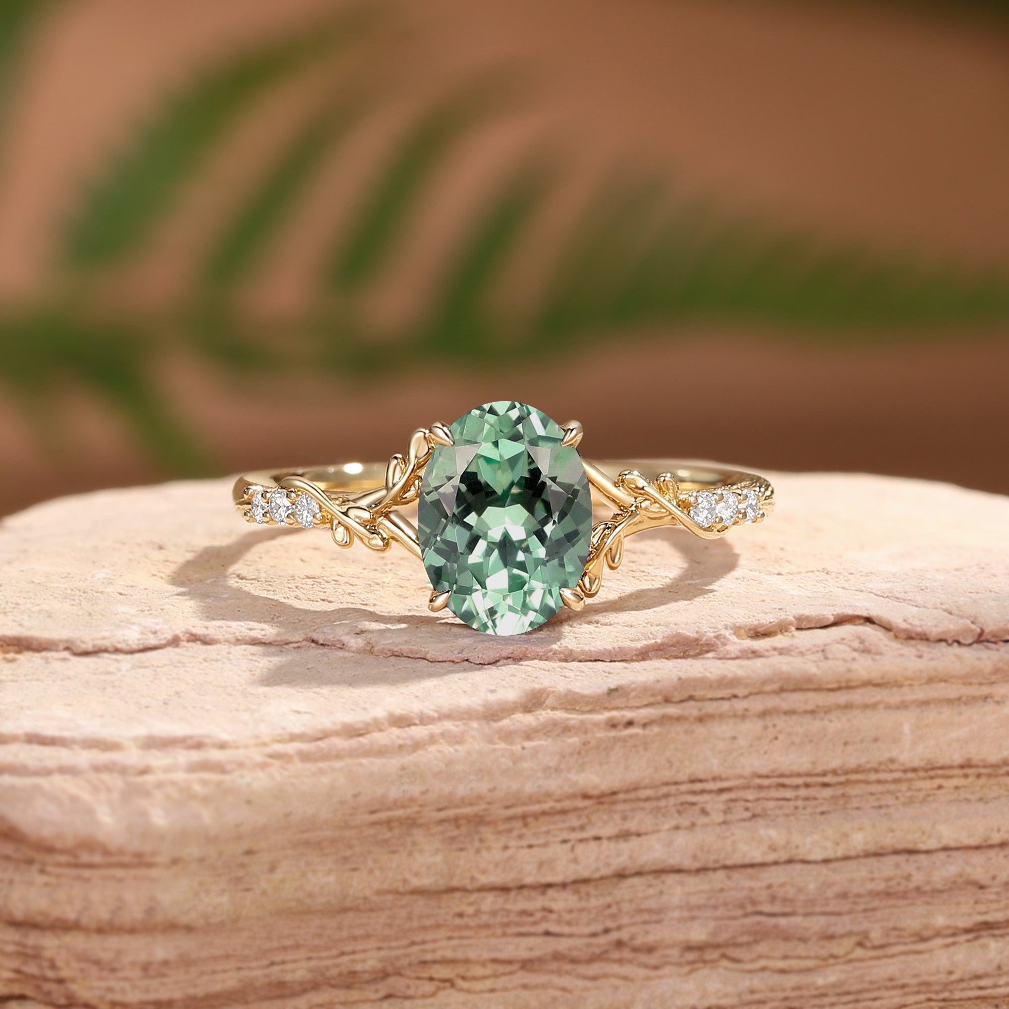 Black Gold Oval Cut Green Sapphire Leaf Curved Engagement Ring - Drisana