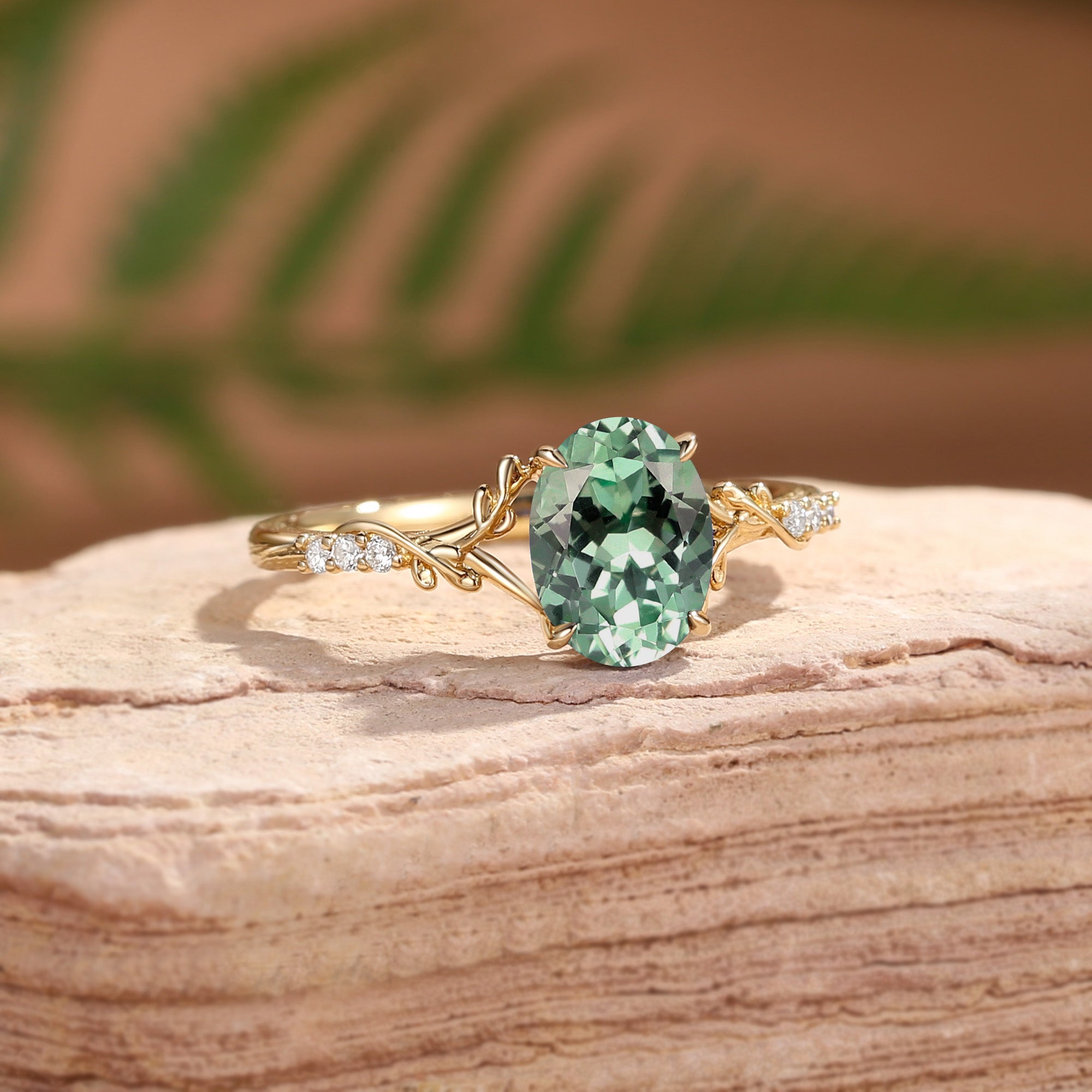 Black Gold Oval Cut Green Sapphire Leaf Curved Engagement Ring - Drisana