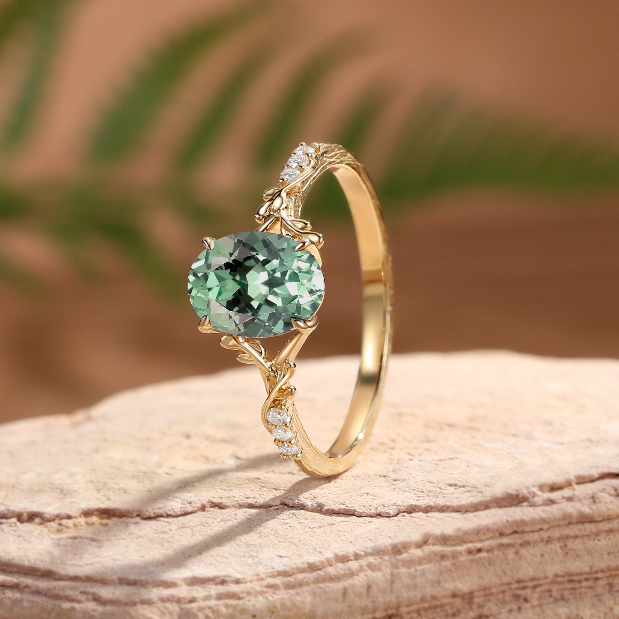 Black Gold Oval Cut Green Sapphire Leaf Curved Engagement Ring - Drisana