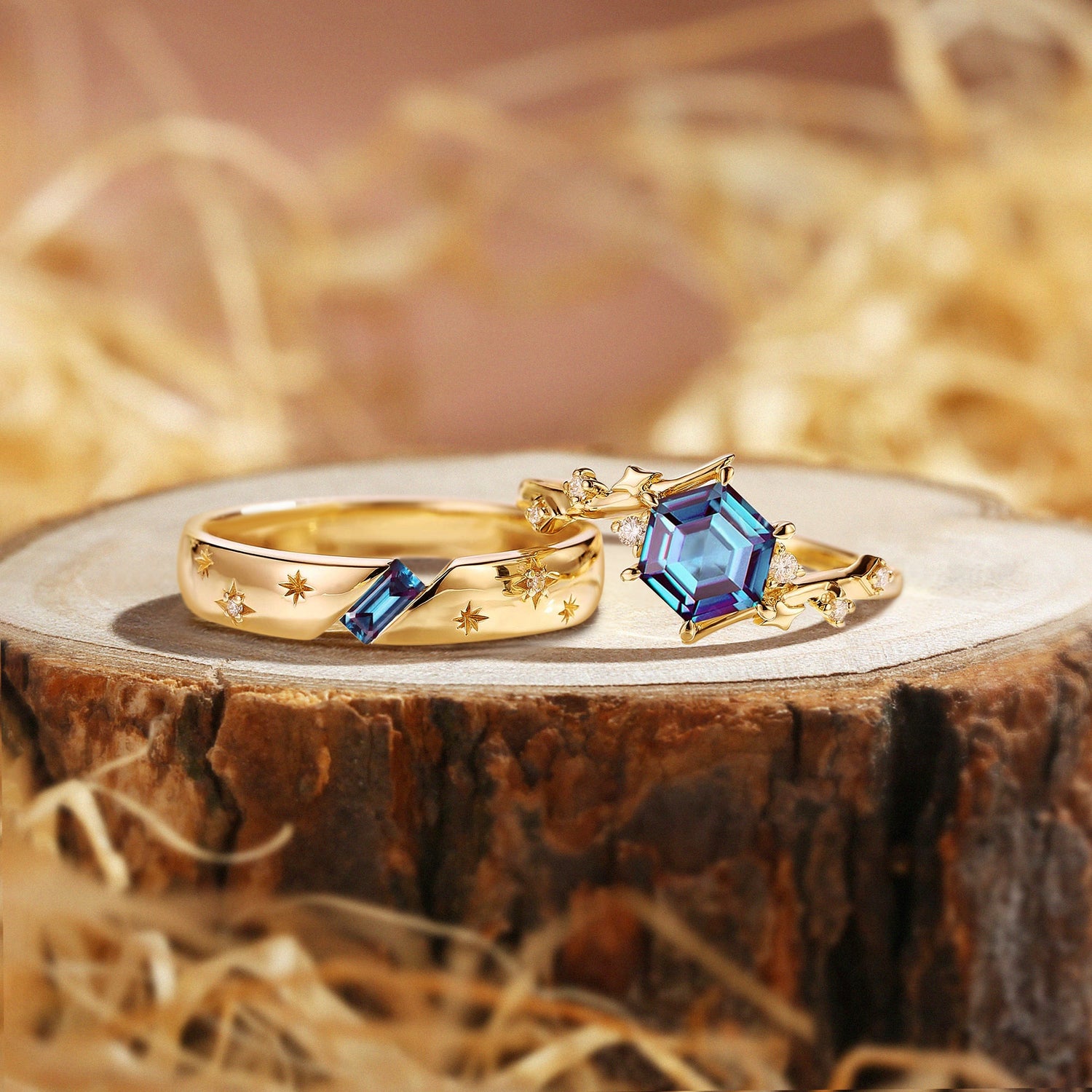 Wynn - Art Deco Hexagon Alexandrite & Moissanite Couple Rings Set Yellow Gold