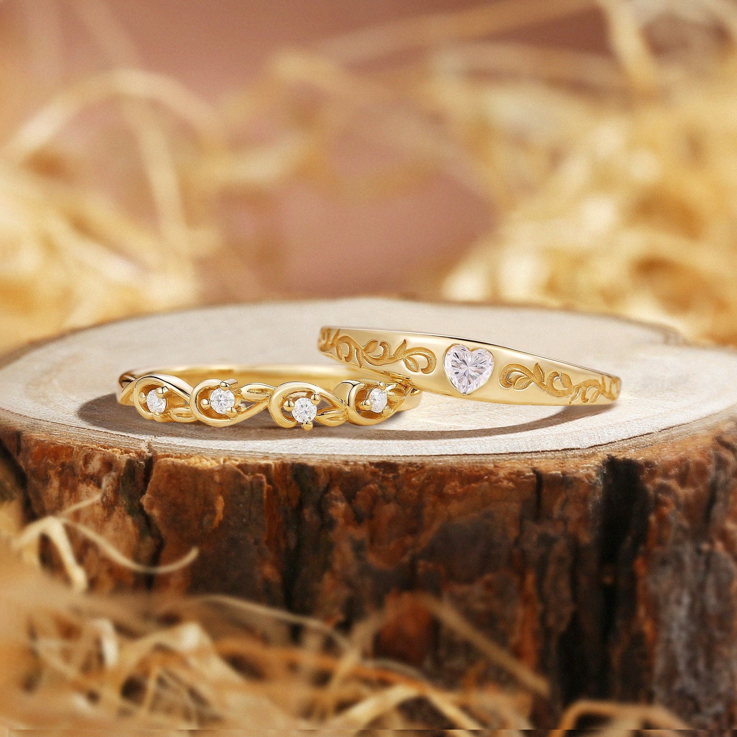 Couple Rings - Unique Heart Cut Moissanite Wedding Band Rings Set