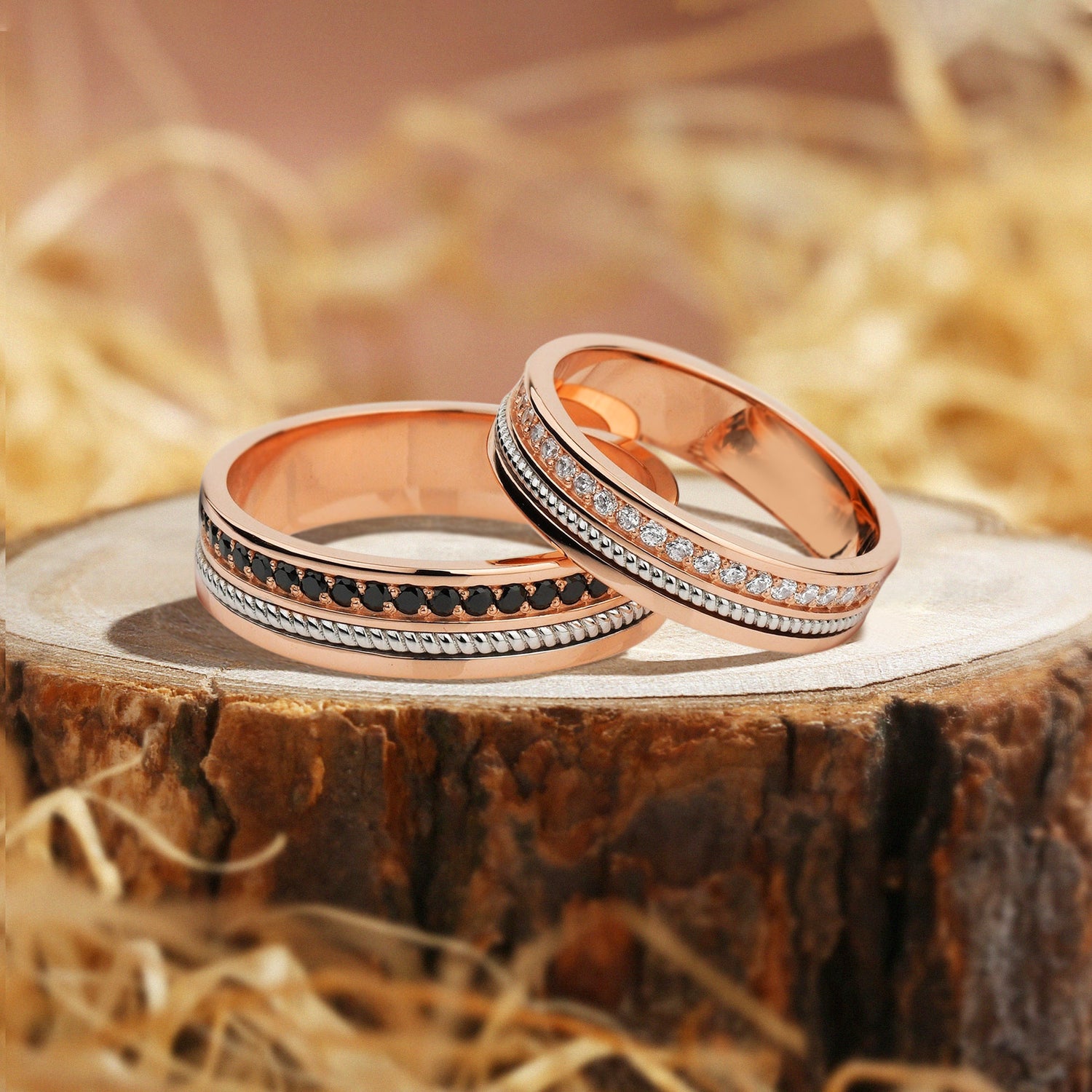 Guinevere - Gold Wedding Rings Set With Black And White Moissanites Couple Rings