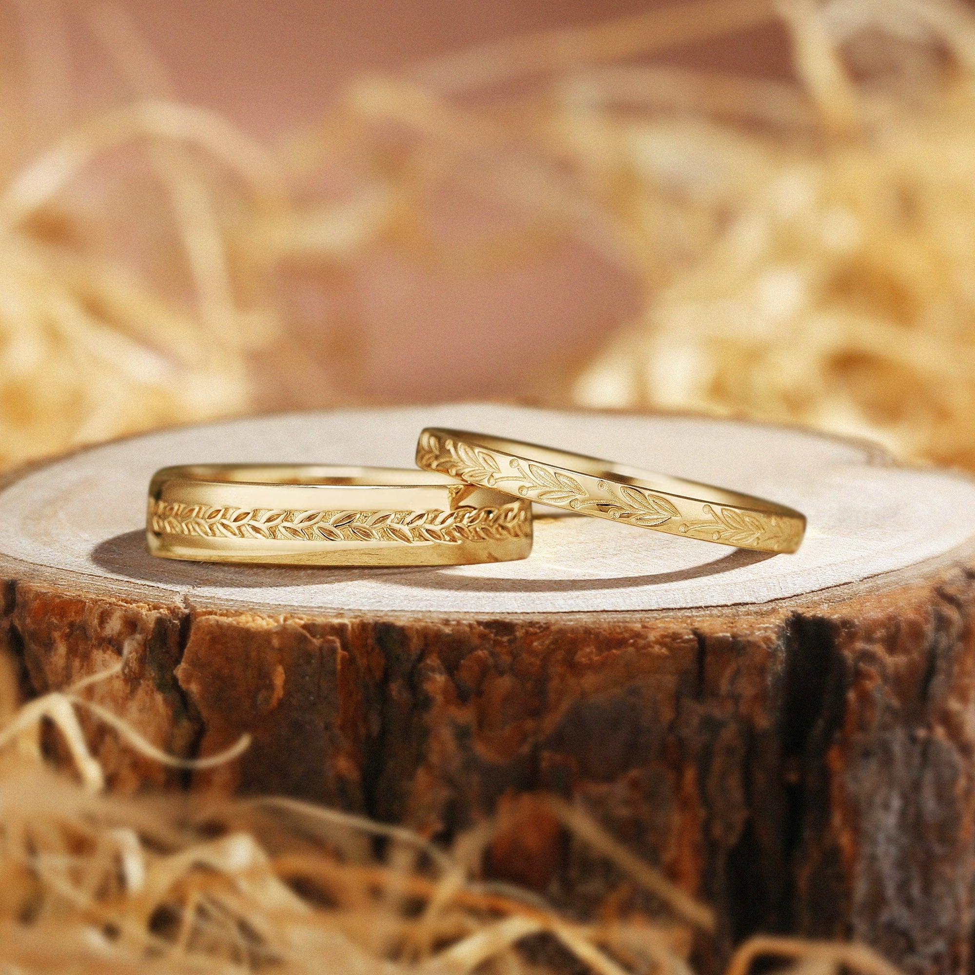 Lisette - Laurel Leaf Carving Couple Rings His & Hers Bands