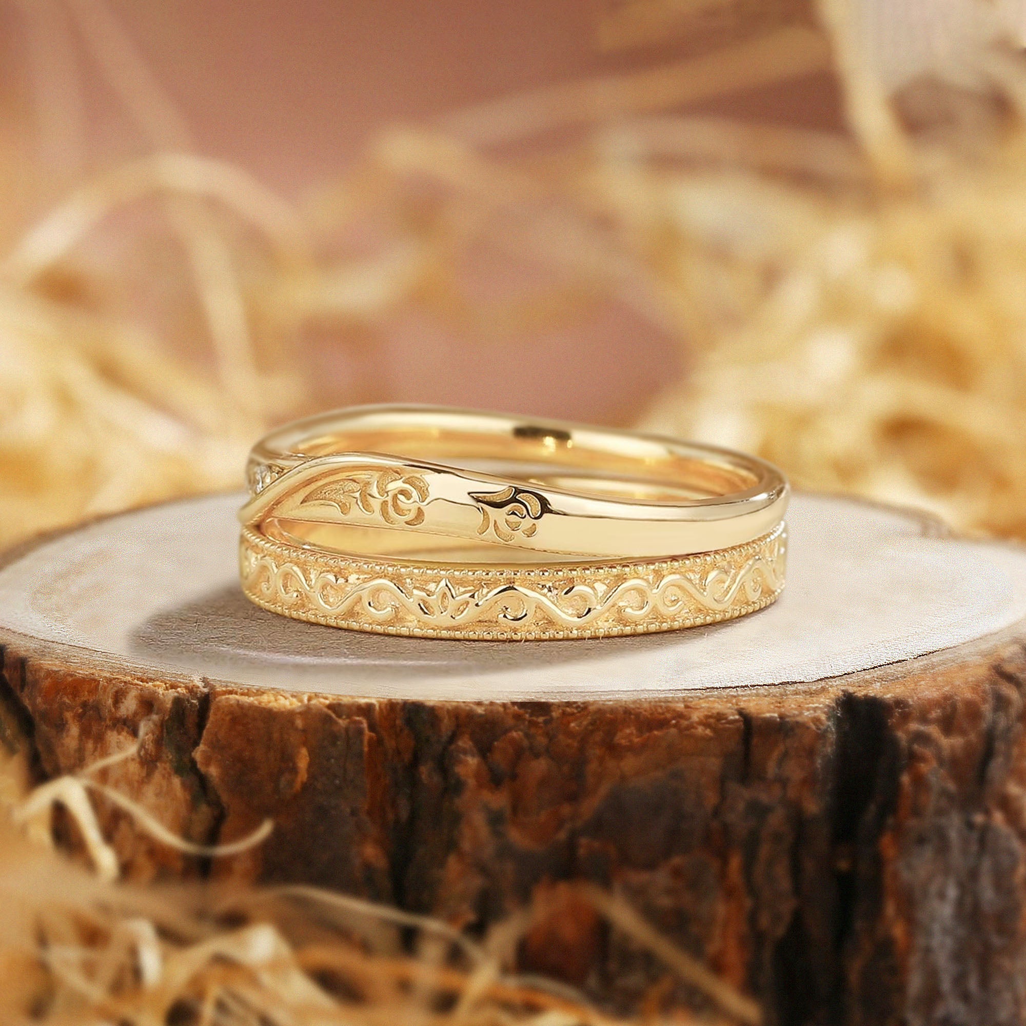 Jovienne - Unique Moissanite Floral Couple Rings Set