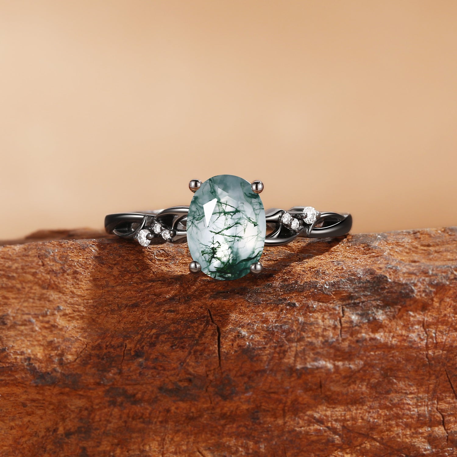 Oval Cut Moss Agate Nature Inspired Black Gold Engagement Ring - Oriana