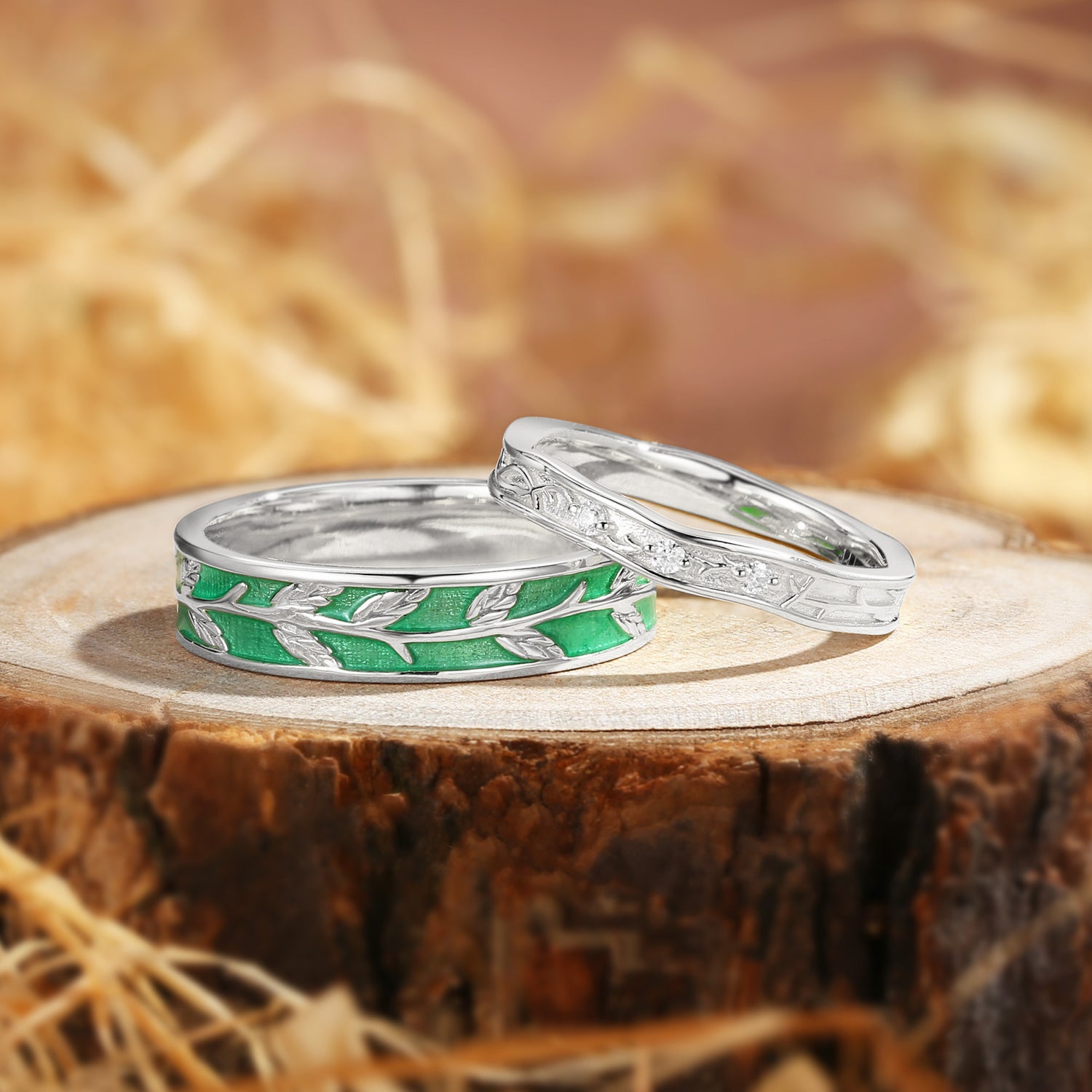 Couple Ring - Nature Inspired Green Enamel Promise Ring Set