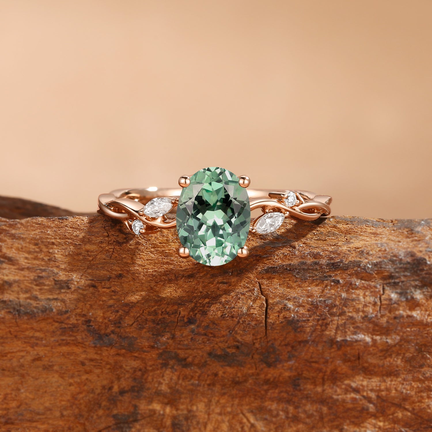 Coralie - Lab Mint Green Sapphire Leafy Twist Engagement Ring