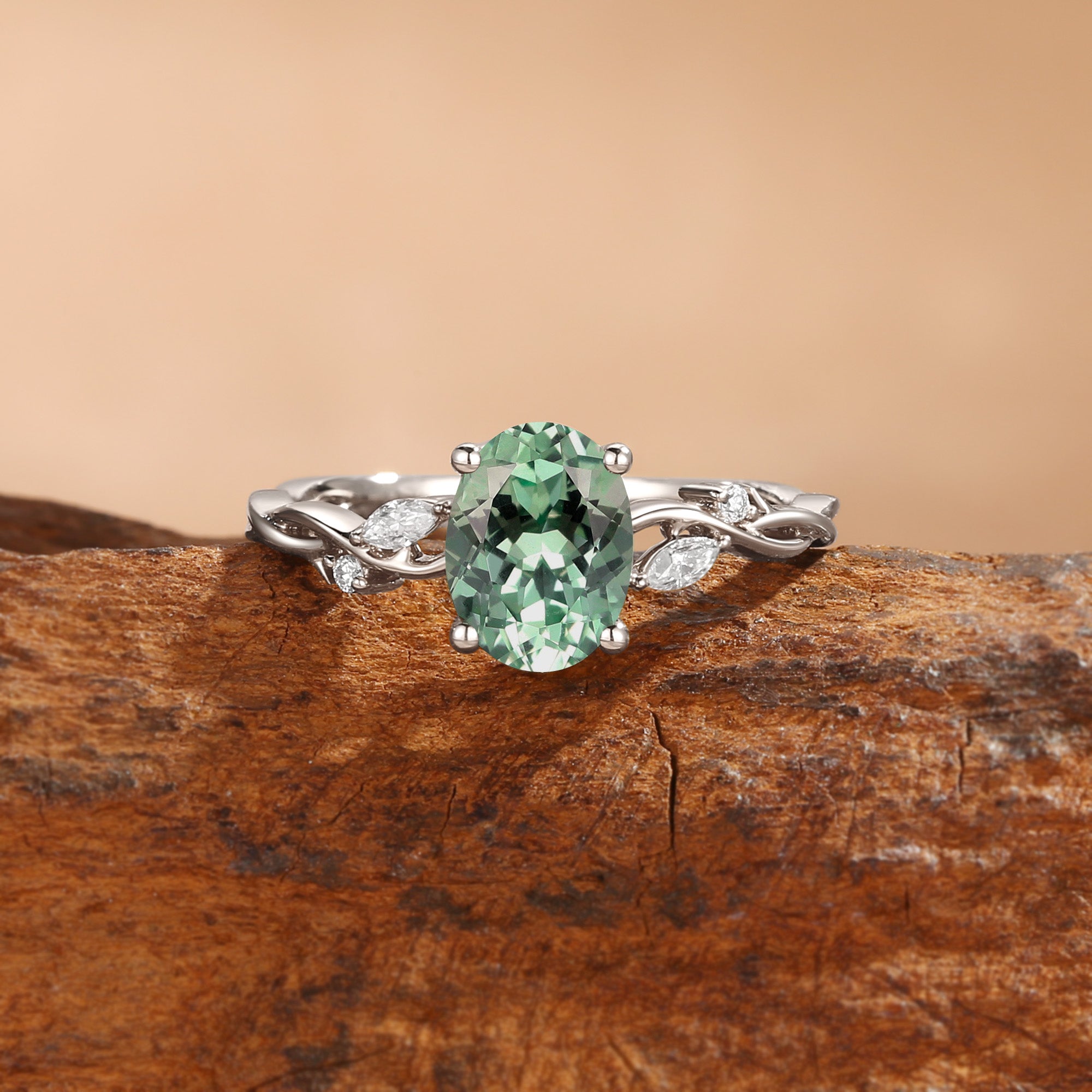 Coralie - Lab Mint Green Sapphire Leafy Twist Engagement Ring