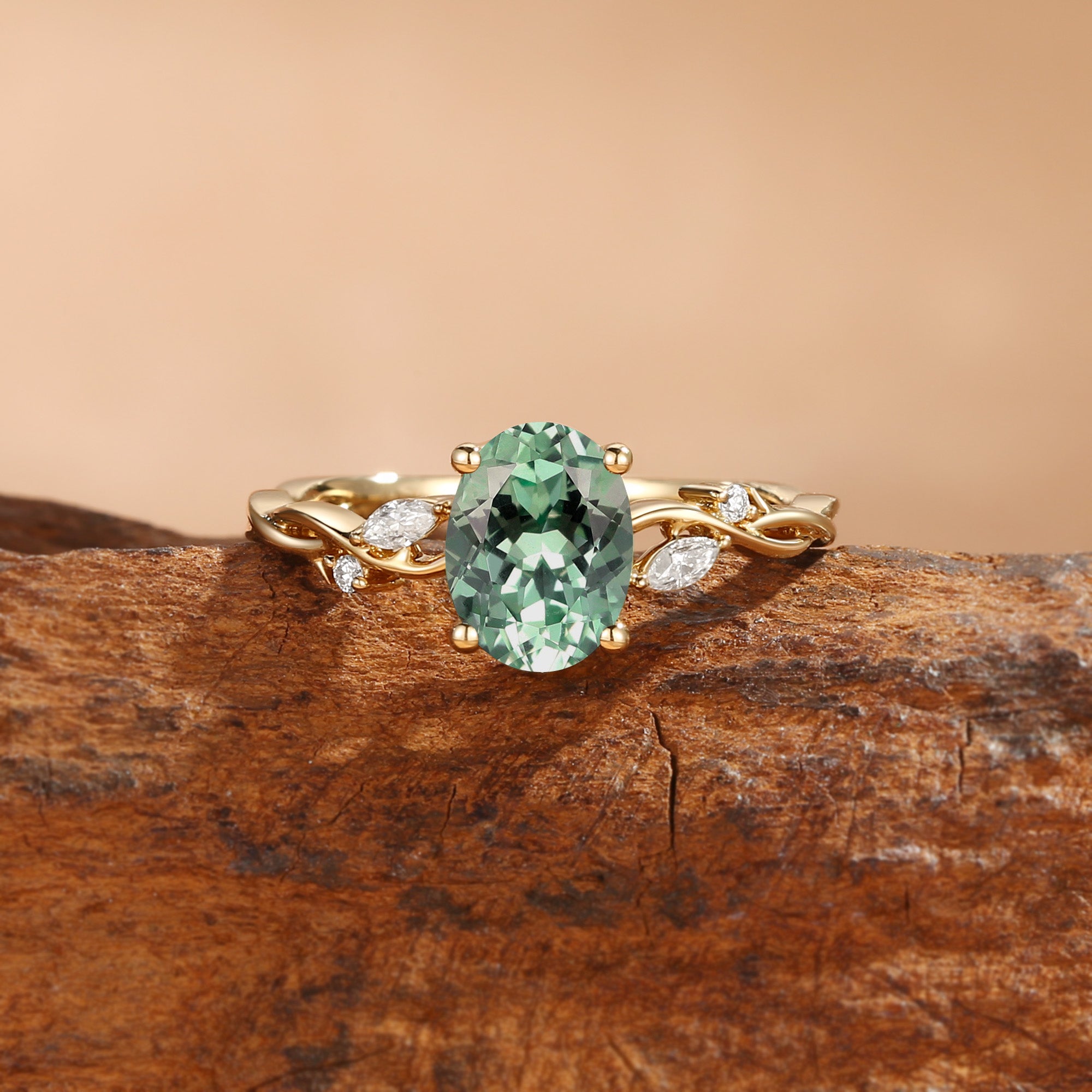 Coralie - Lab Mint Green Sapphire Leafy Twist Engagement Ring