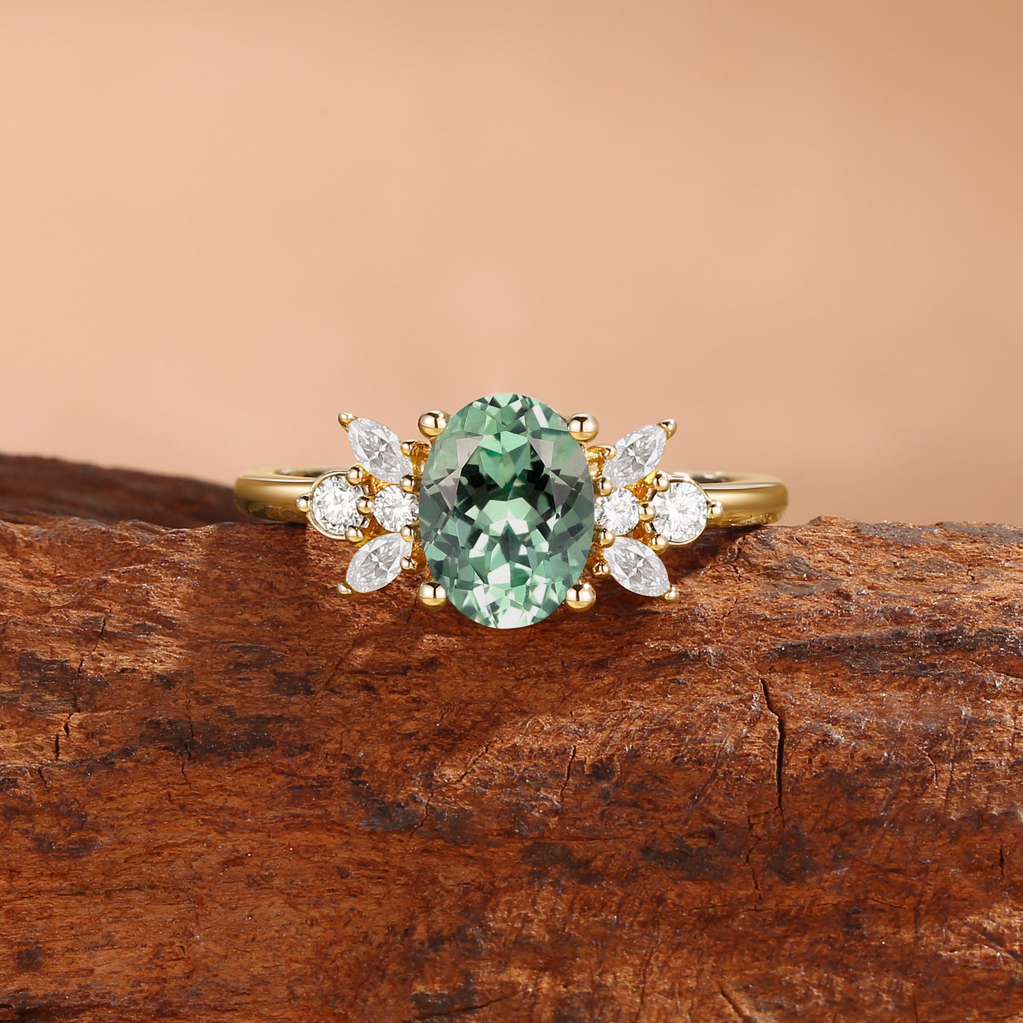 Abella - Oval Cut Mint Green Sapphire & Moissanite Classic Engagement Ring