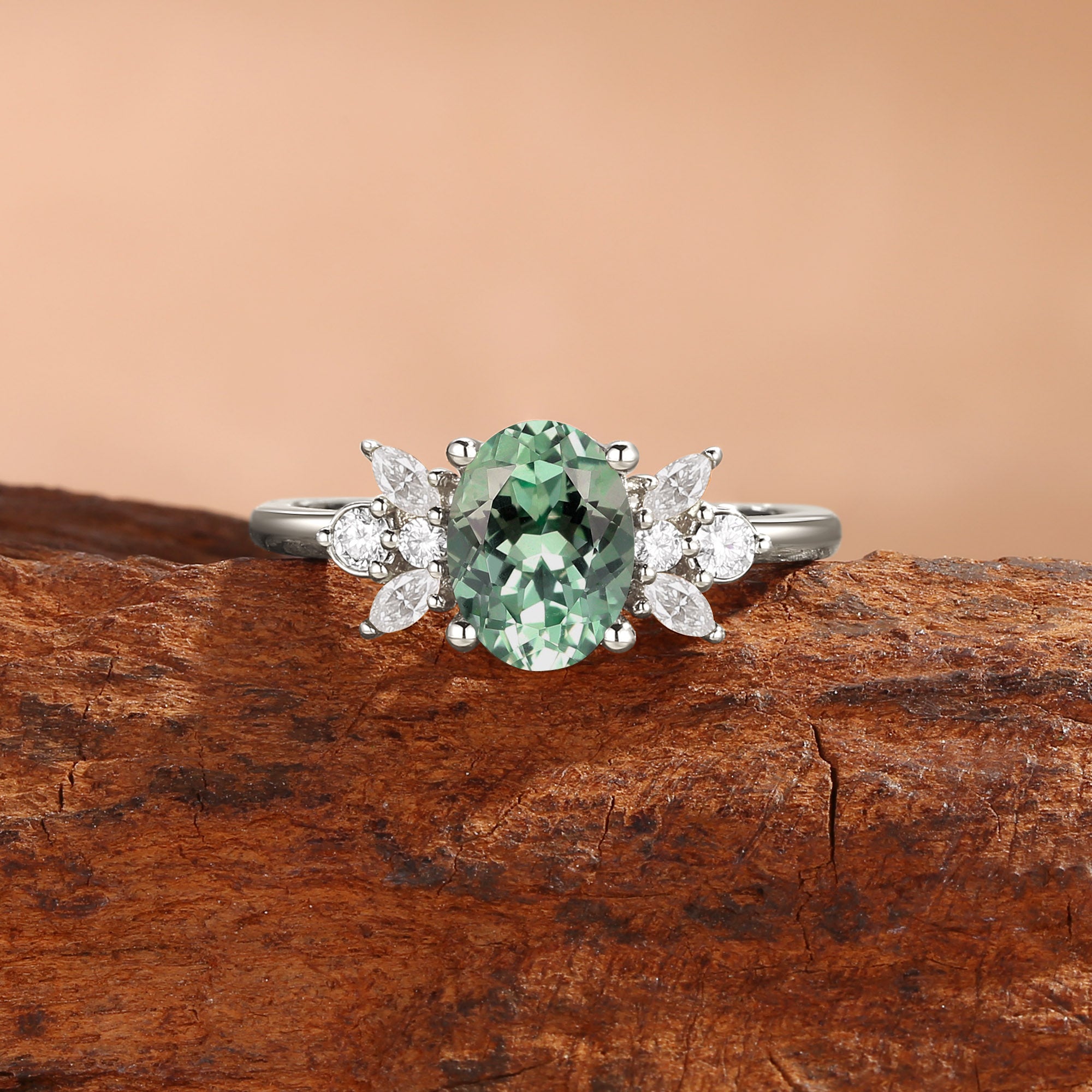 Abella - Oval Cut Mint Green Sapphire & Moissanite Classic Engagement Ring