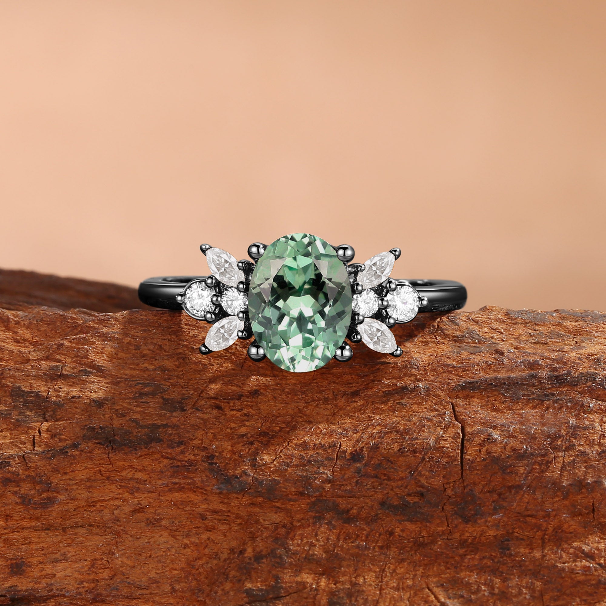Abella - Oval Cut Mint Green Sapphire & Moissanite Classic Engagement Ring