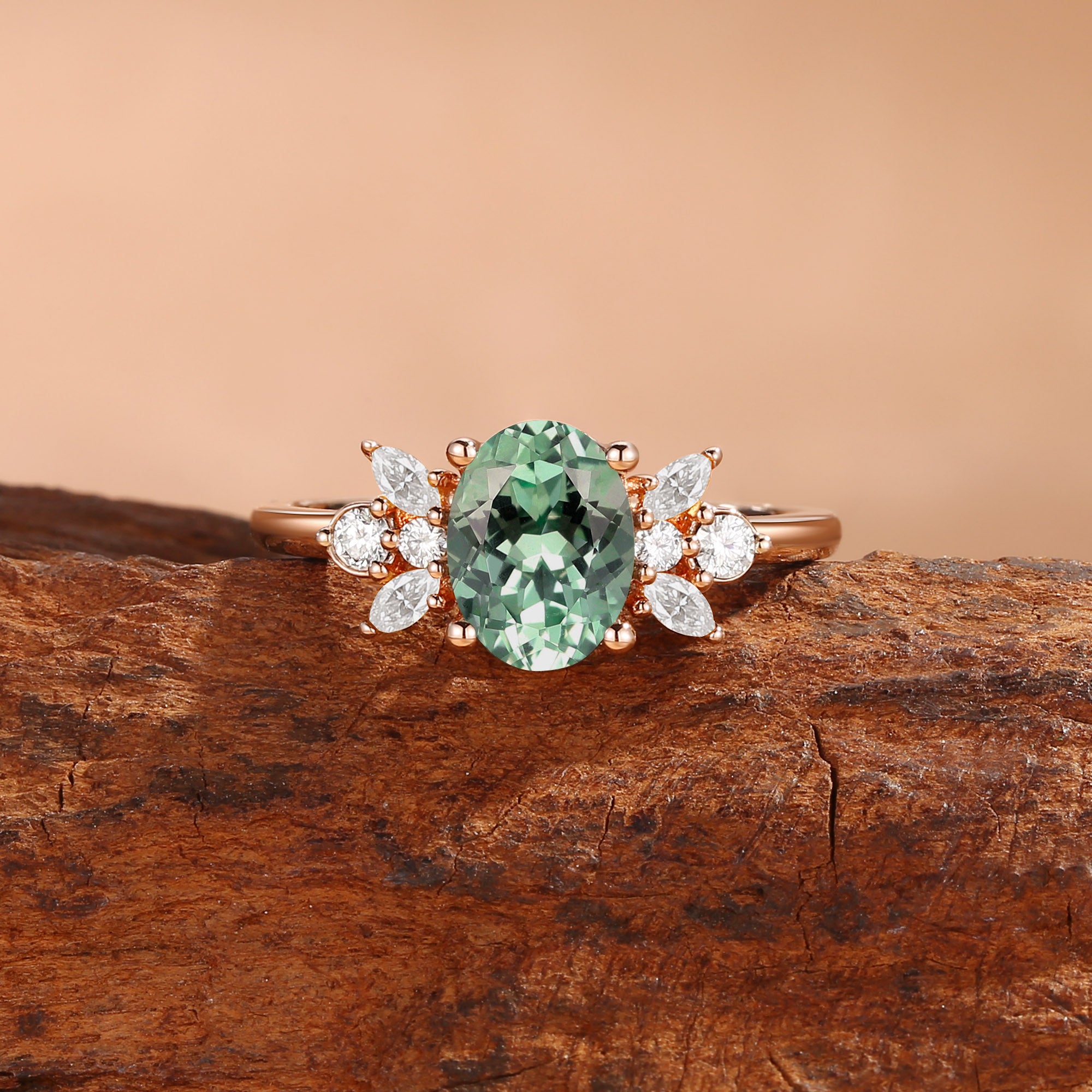 Abella - Oval Cut Mint Green Sapphire & Moissanite Classic Engagement Ring