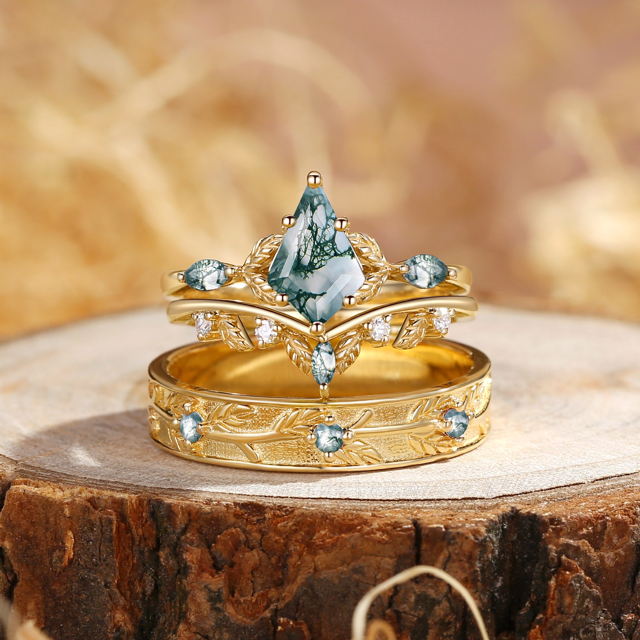 Karina - Kite Cut Moss Agate Leafy Cluster Couple Ring Set
