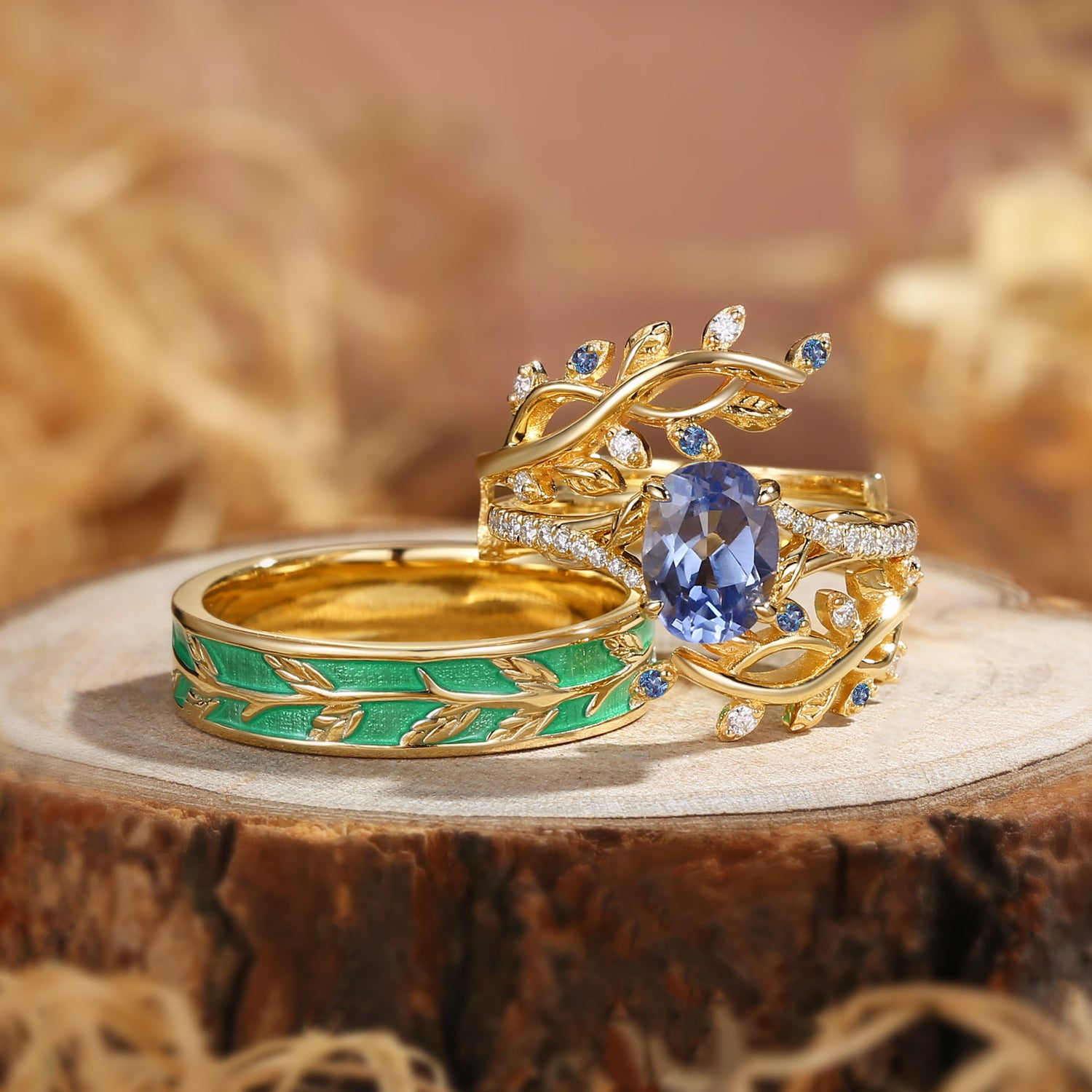 Daphne - Nature Inspired Oval Cut Lab Cornflower Blue Sapphire Couple Ring Set