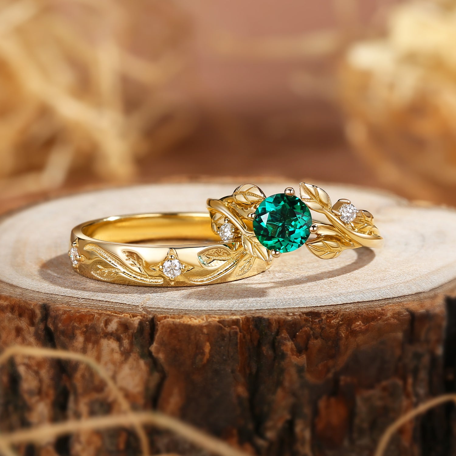 Couple Ring -  Emerald Leaf Floral 2pcs Couple Rings Set