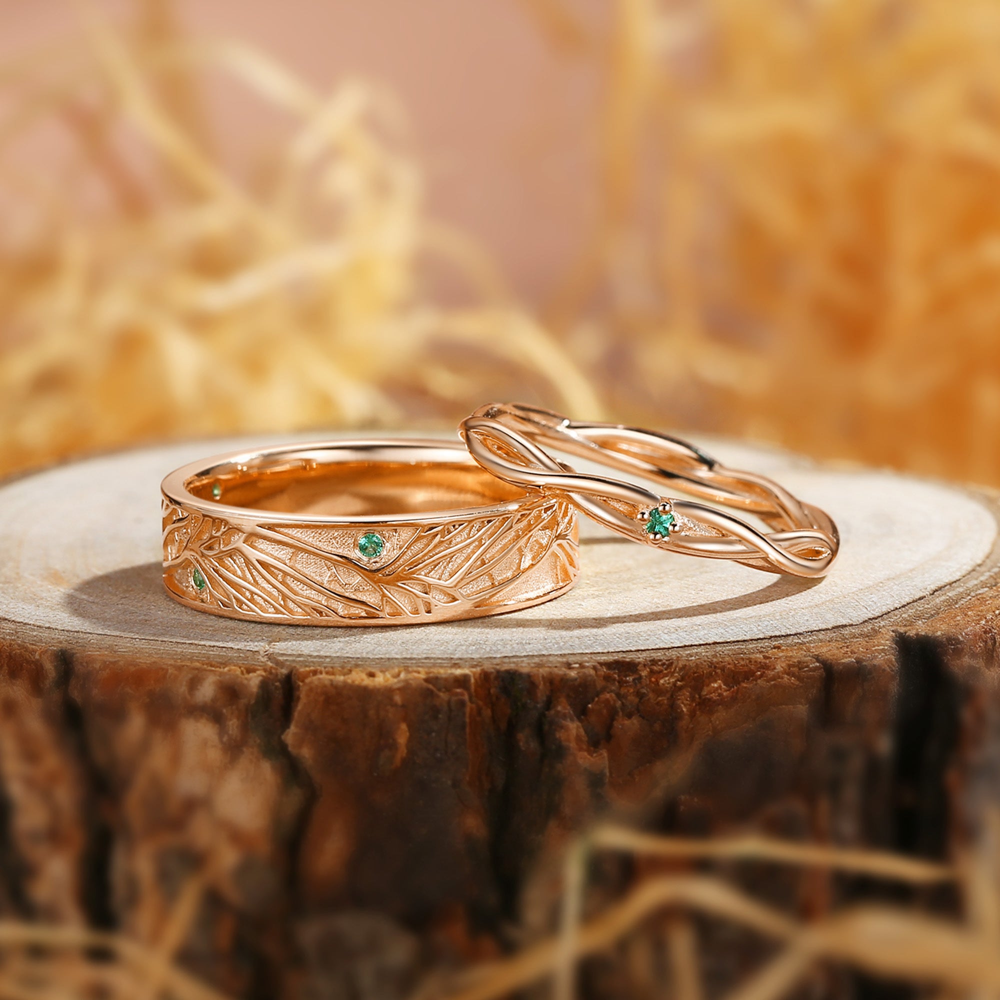 Couple Ring - Vintage Forest Art Deco Promise Birthstone Ring Set