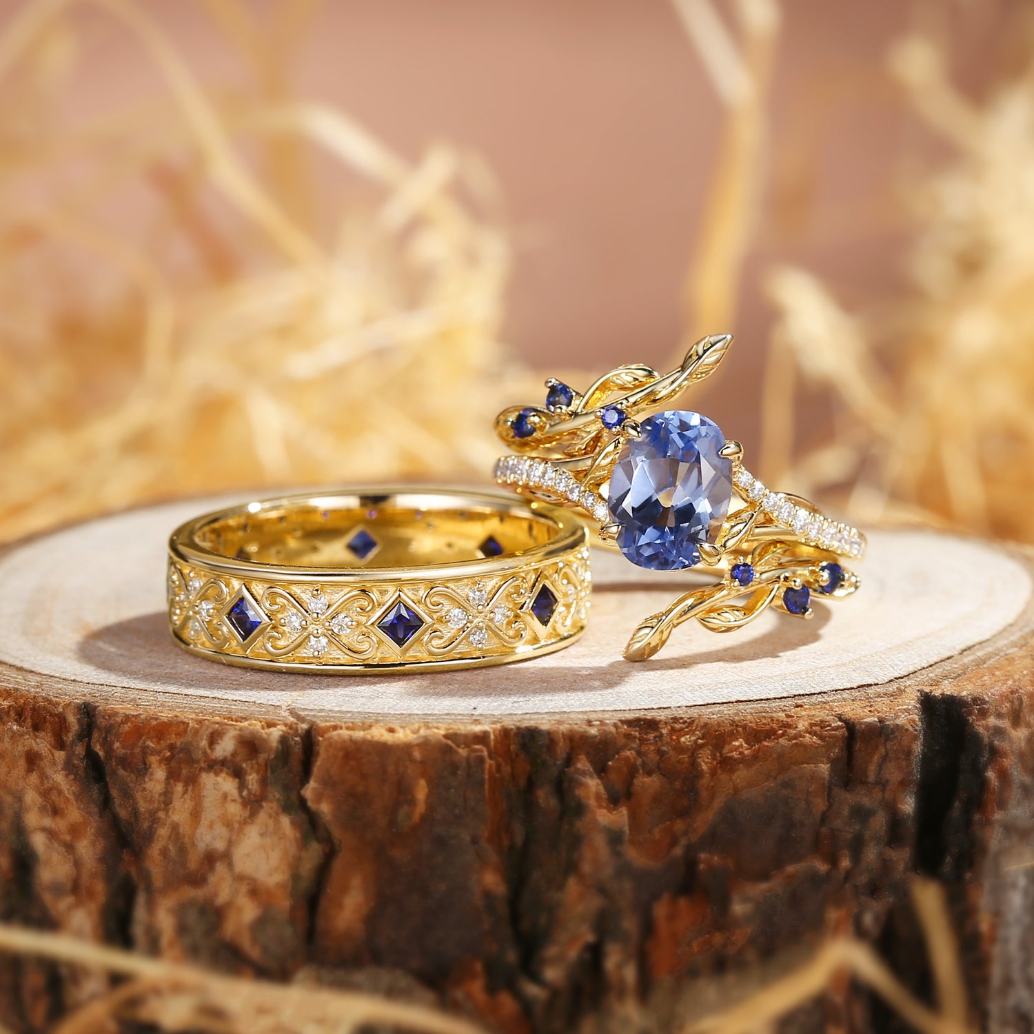 Aphne - Branch Lab Cornflower Blue Sapphire Cluster Couple Ring Set