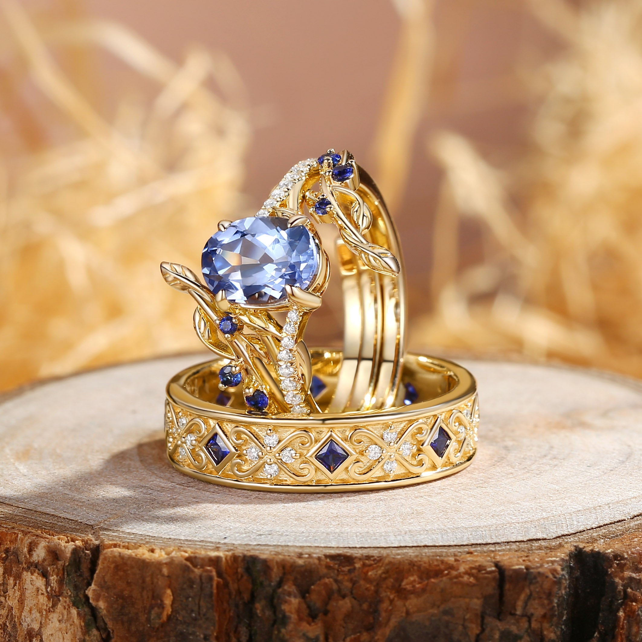 Aphne - Branch Lab Cornflower Blue Sapphire Cluster Couple Ring Set