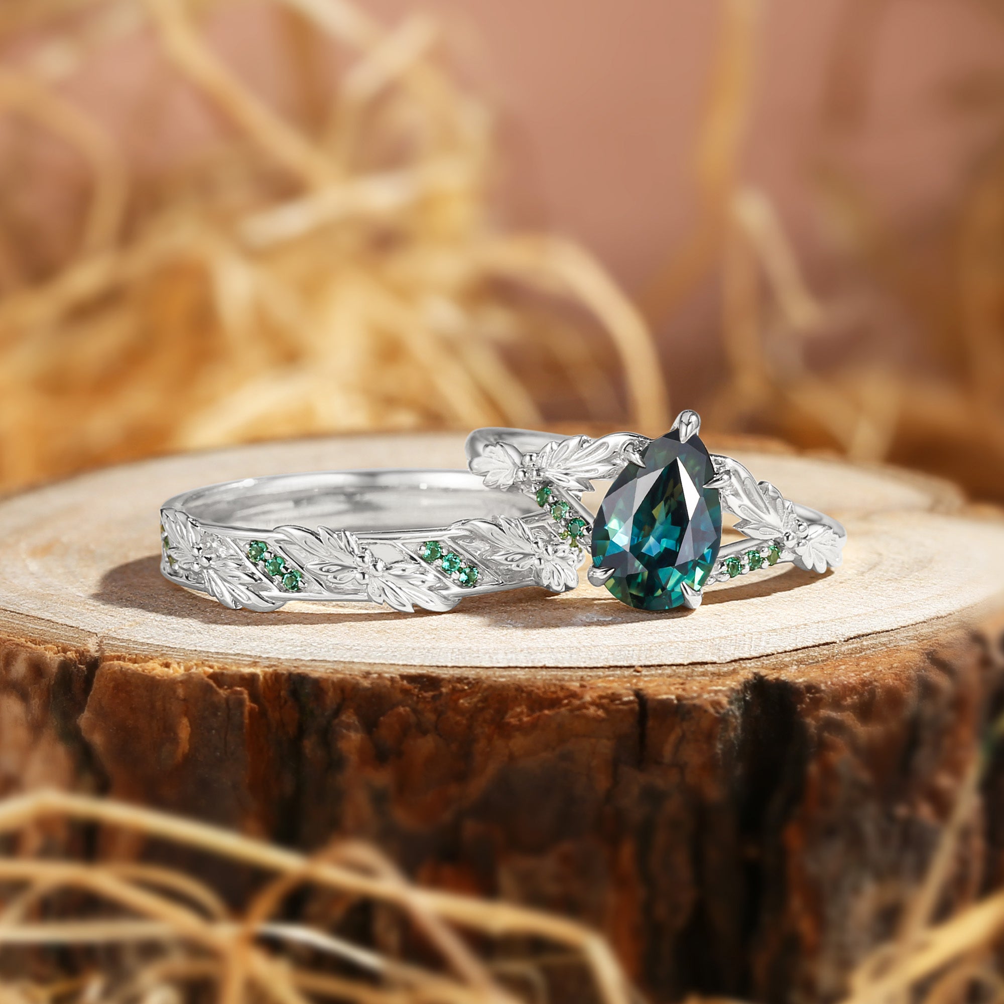 Cynthia - Pear Cut Green Sapphire & Leaf Lab Emeral Couple Ring