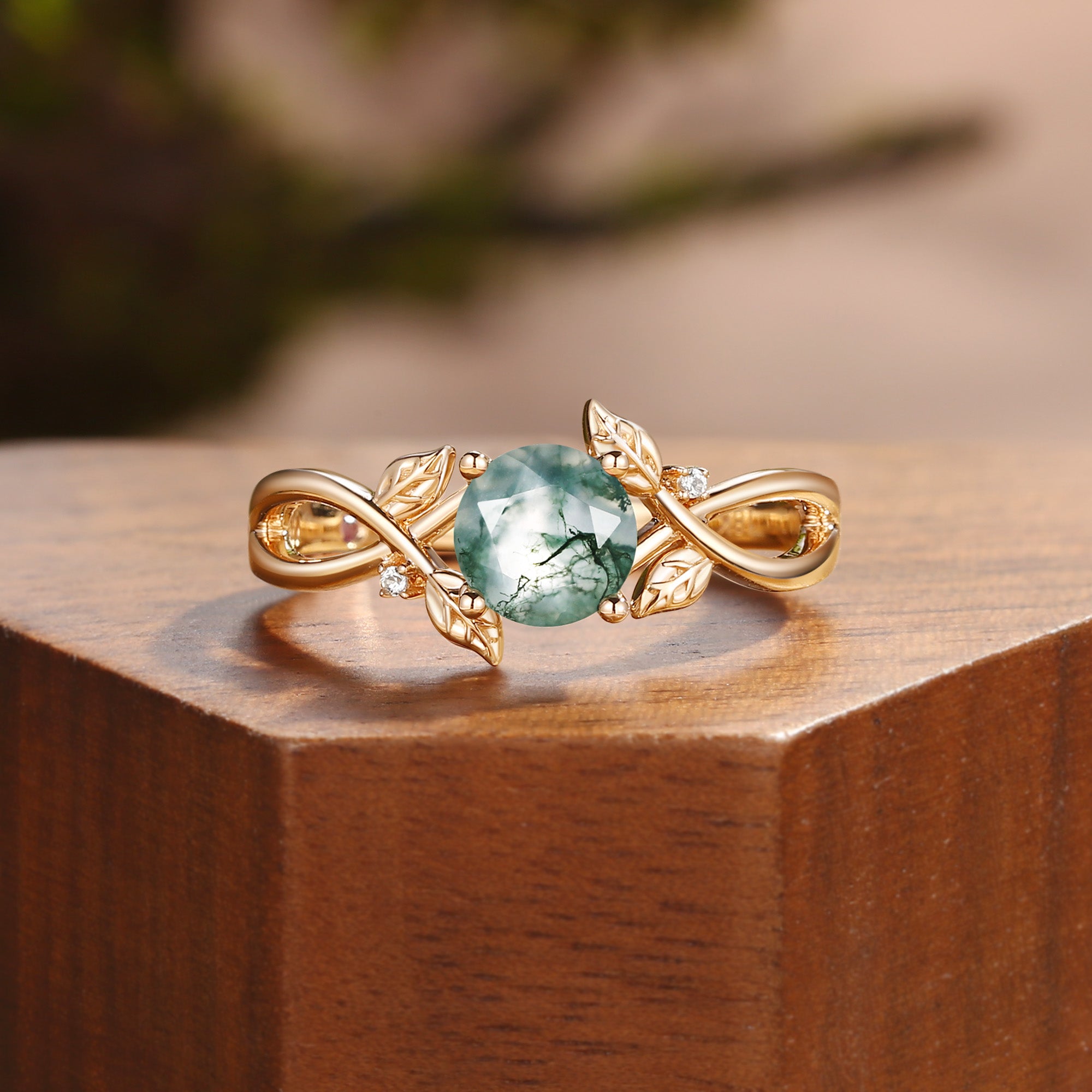 Cordelia - Nature Inspired Round Cut Moss Agate Yellow Gold Engagement Ring