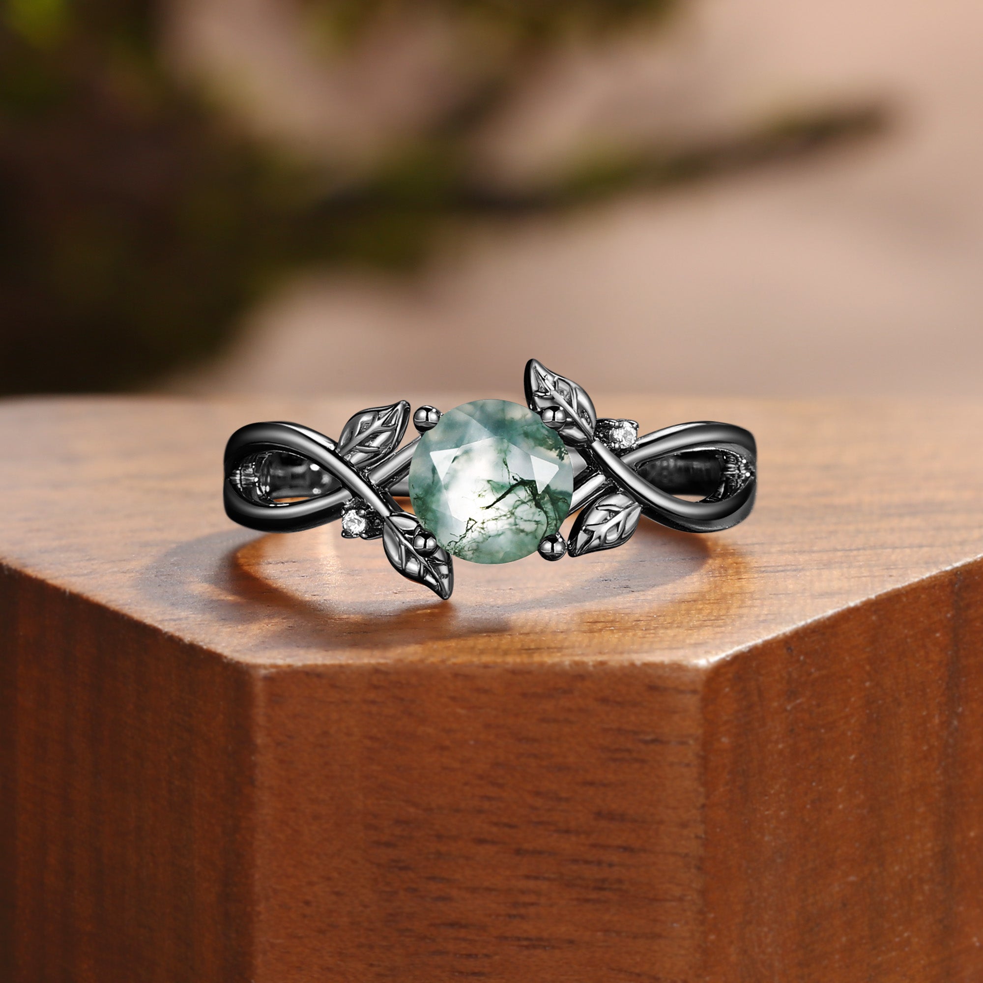 Cordelia - Nature Inspired Round Cut Moss Agate Yellow Gold Engagement Ring