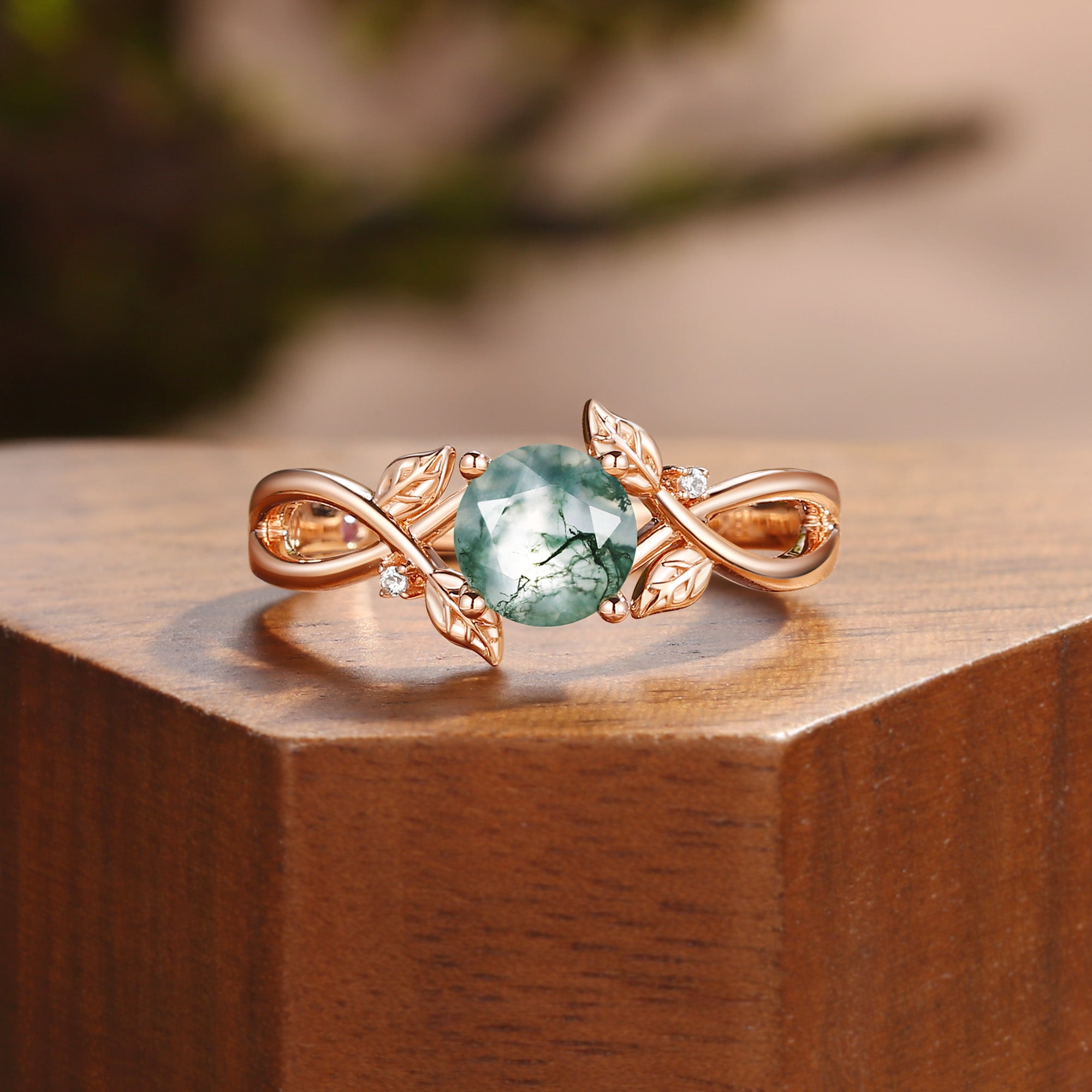 Cordelia - Nature Inspired Round Cut Moss Agate Yellow Gold Engagement Ring