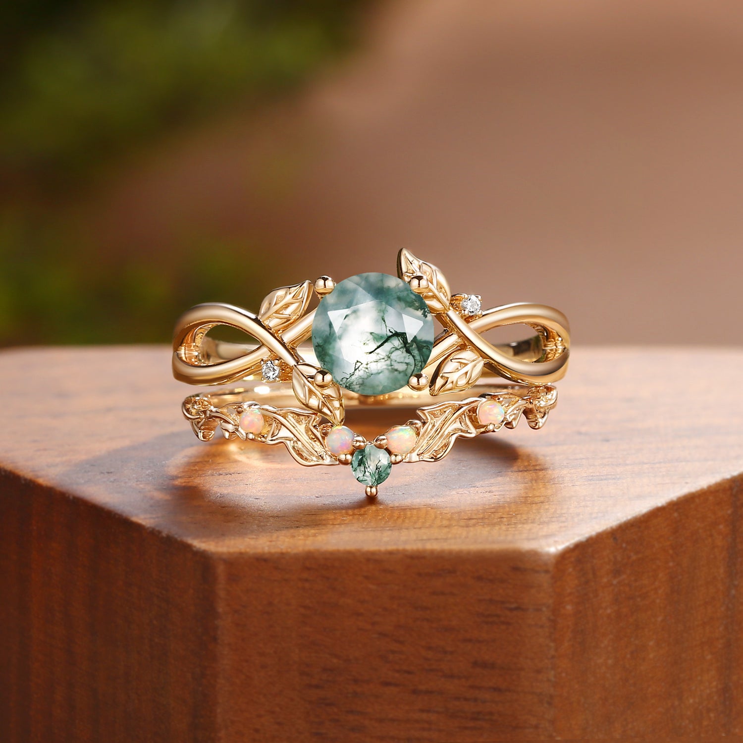 Cordelia - Nature Inspired Round Cut Moss Agate Leafy Bridal Set 2pcs