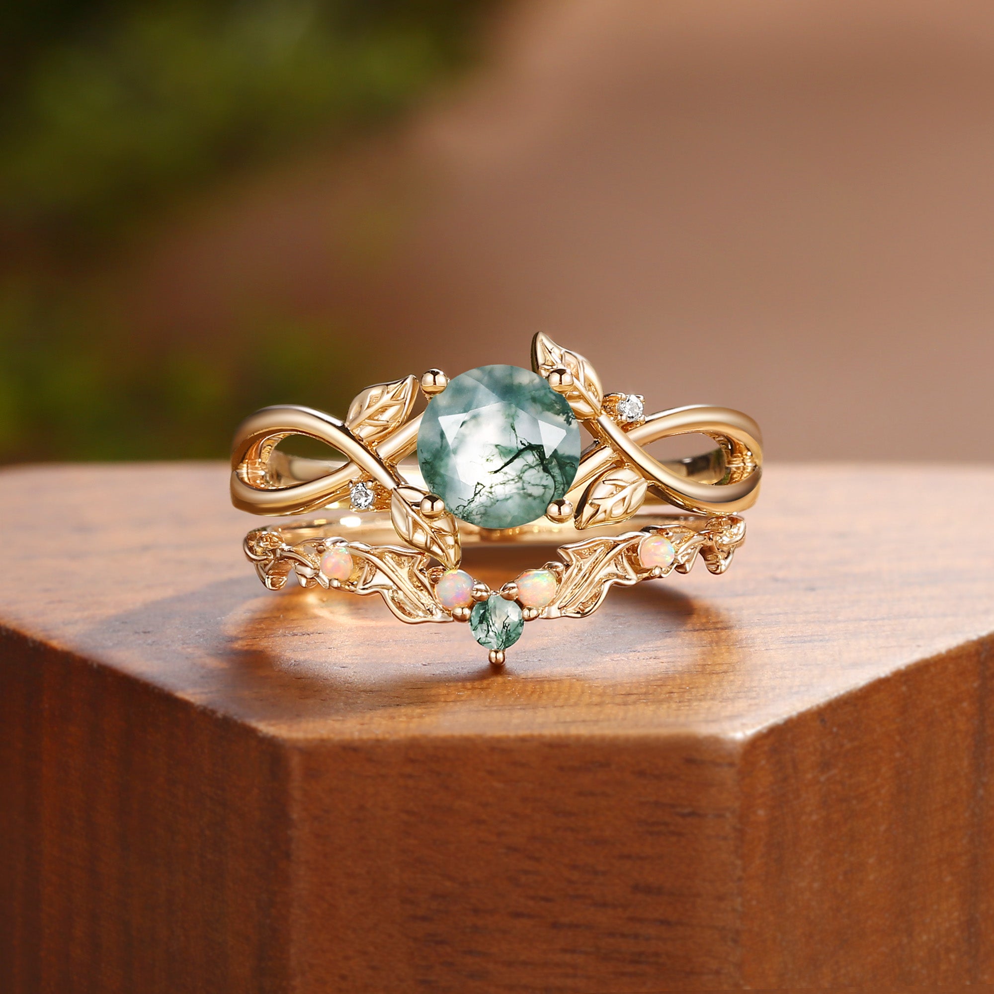 Cordelia - Nature Inspired Round Cut Moss Agate Leafy Bridal Set 2pcs