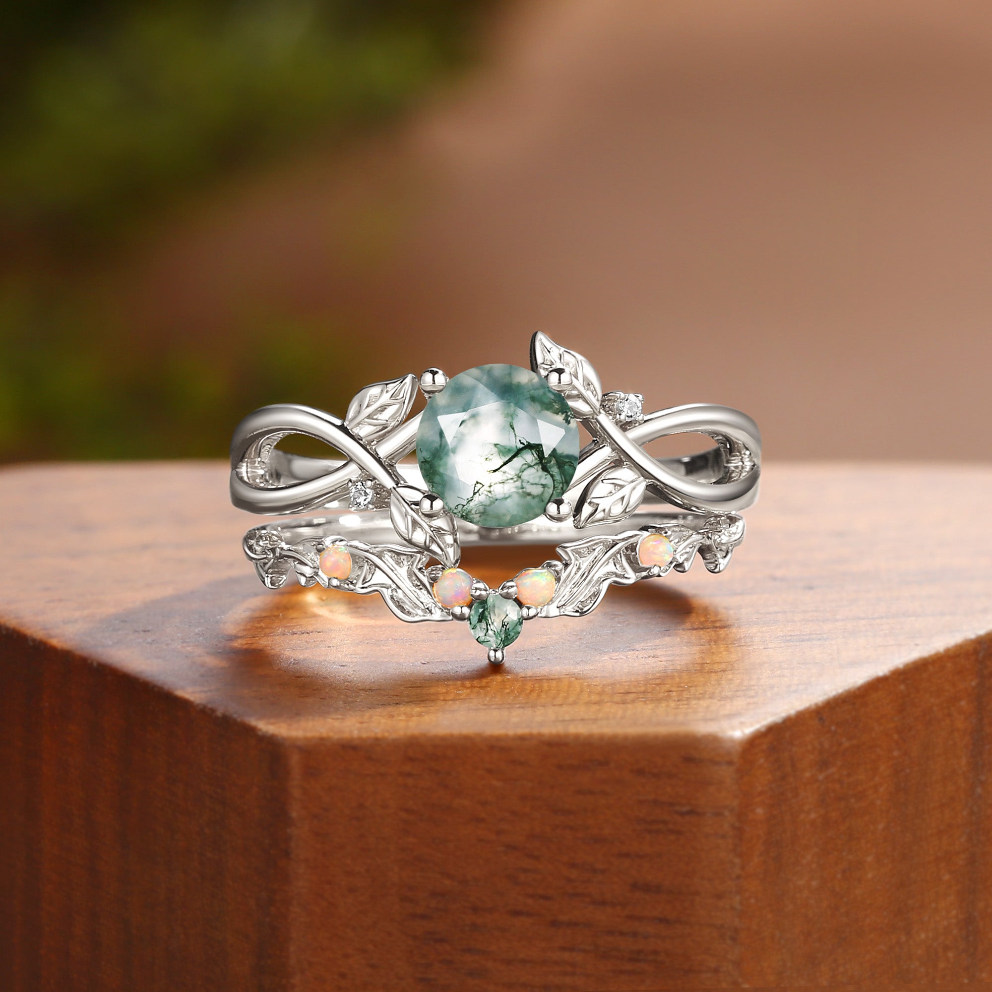 Cordelia - Nature Inspired Round Cut Moss Agate Leafy Bridal Set 2pcs