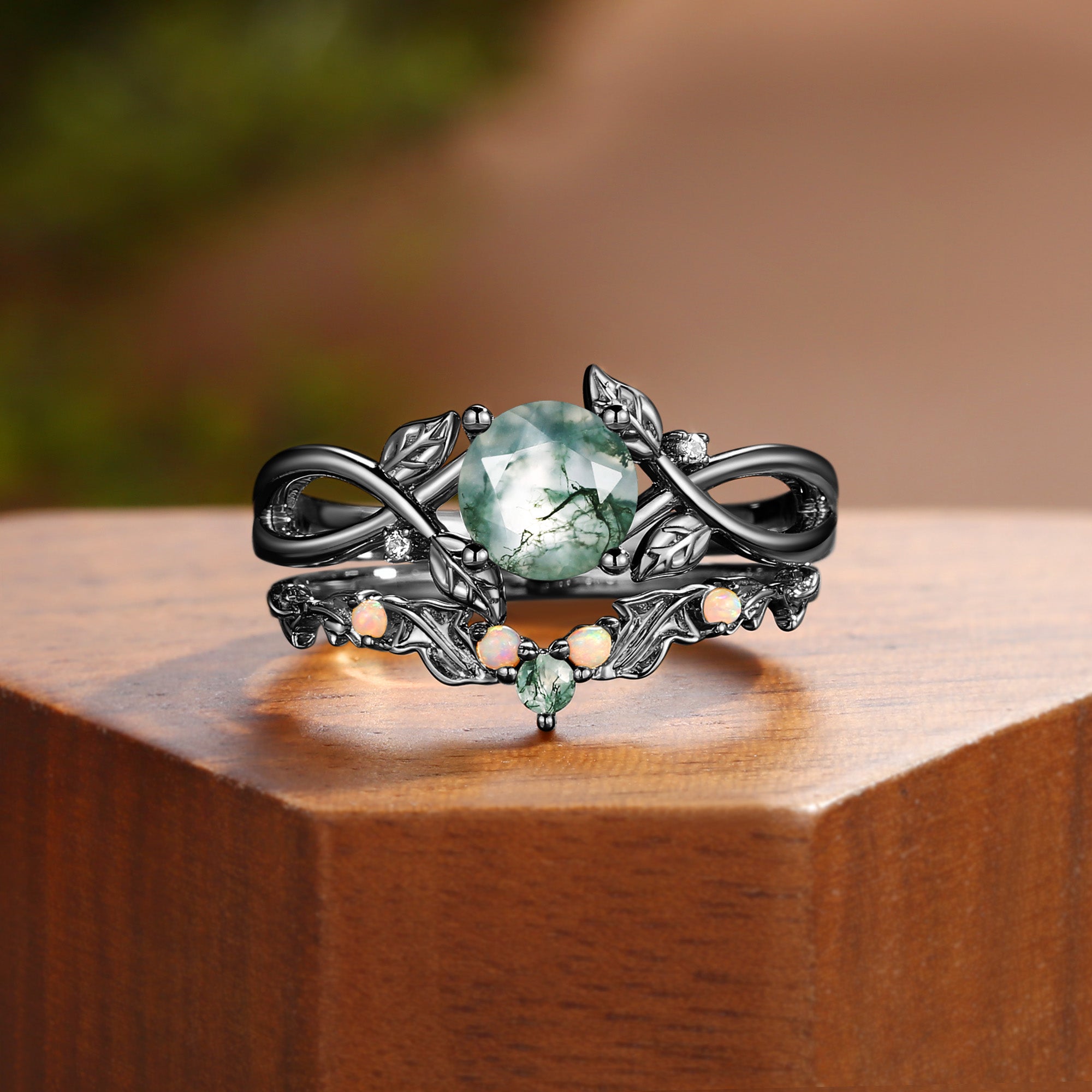 Cordelia - Nature Inspired Round Cut Moss Agate Leafy Bridal Set 2pcs