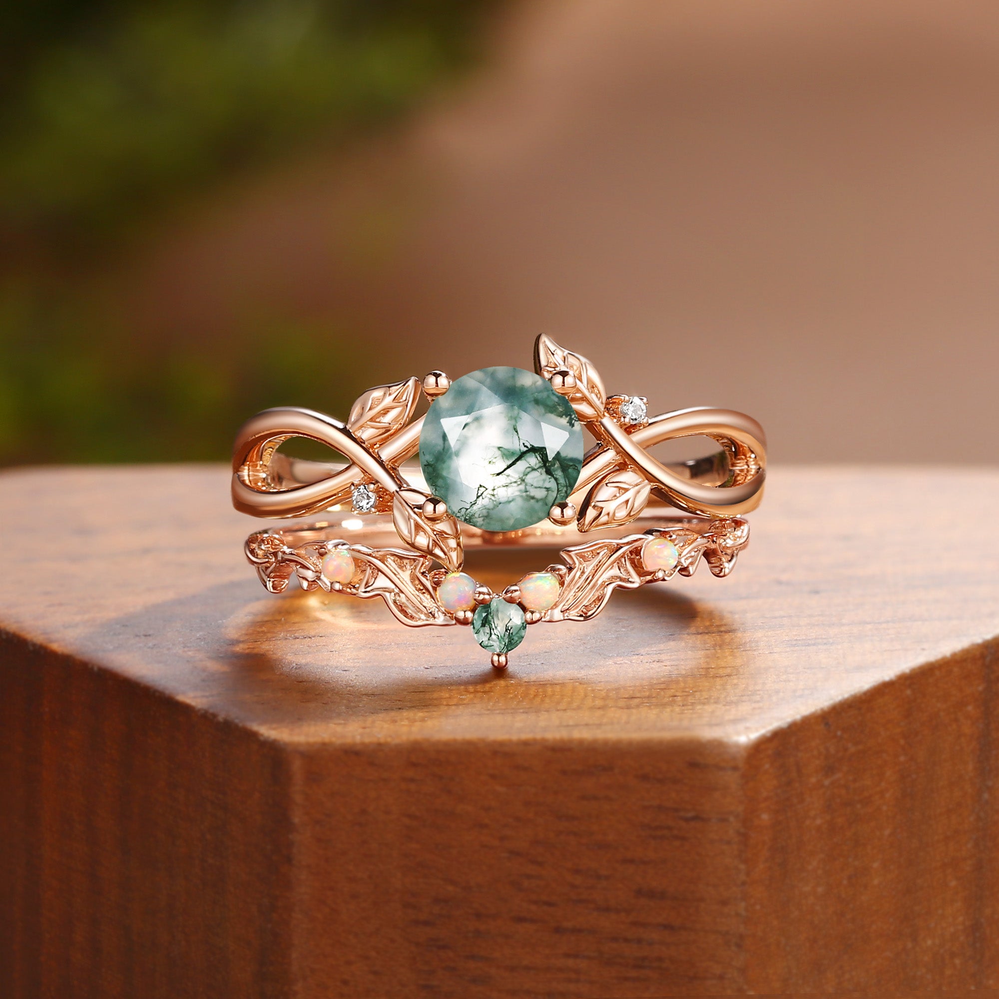 Cordelia - Nature Inspired Round Cut Moss Agate Leafy Bridal Set 2pcs