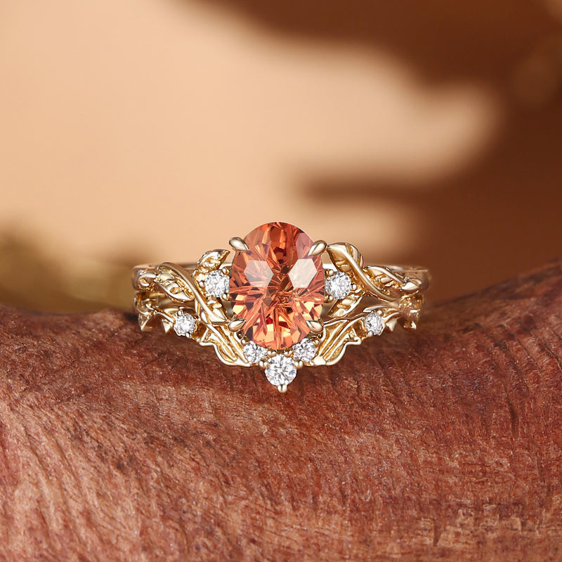 Eden - Orange Sapphire Leaf Women Oval Firework Cut Engagement Ring Set 2pcs