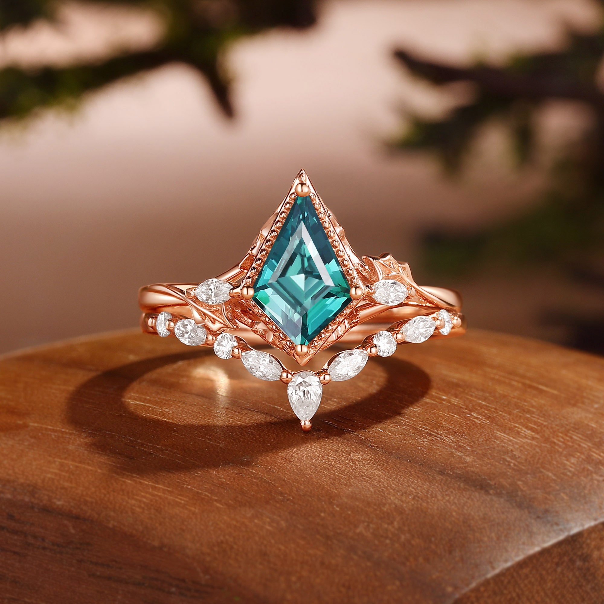 Unique Bazel Teal Sapphire Kite Cut Vintage nature inspired Ring Set 2pcs - Katherine