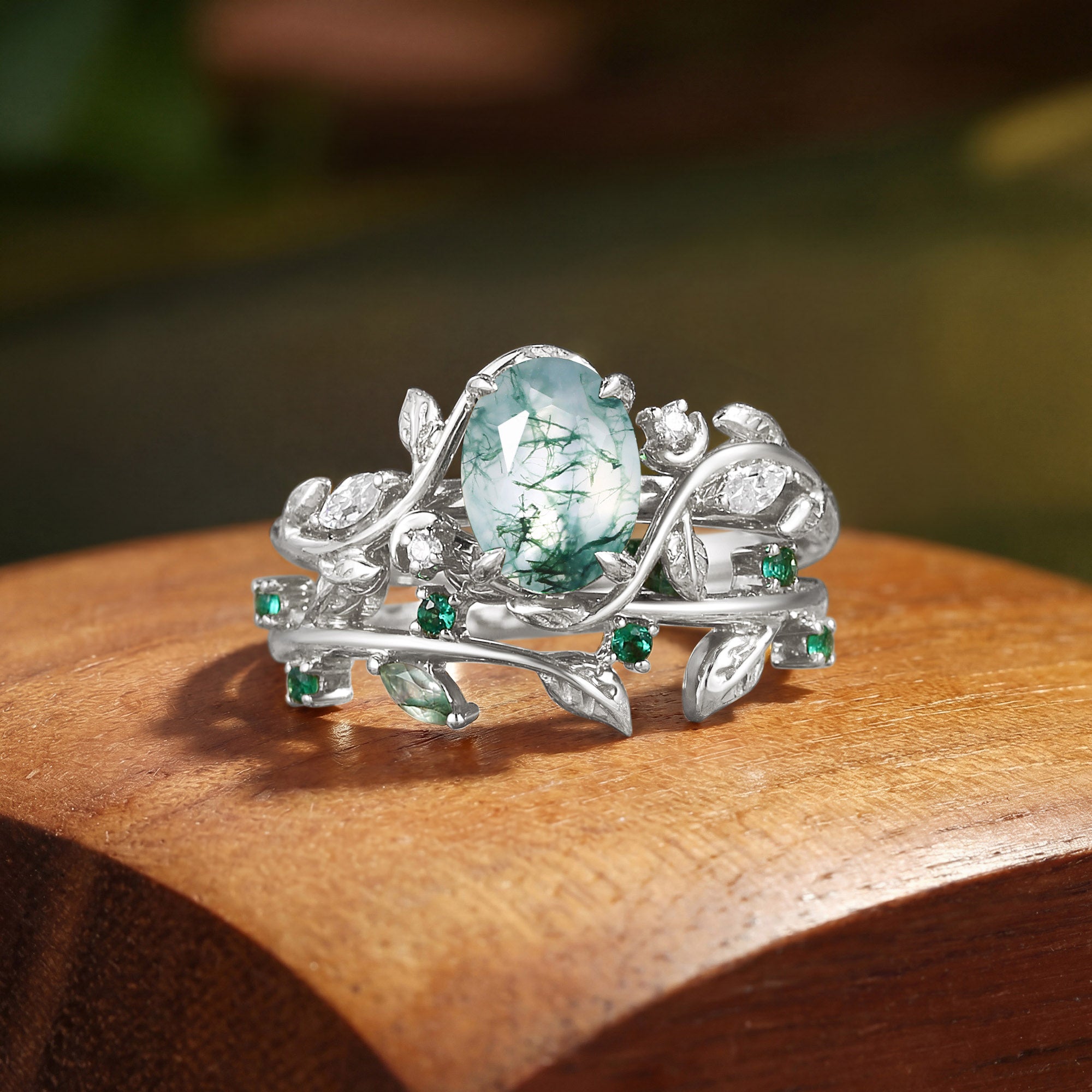 Désirée - Oval Cut Moss Agate Branch Leafy Engagement Ring Set 2pcs
