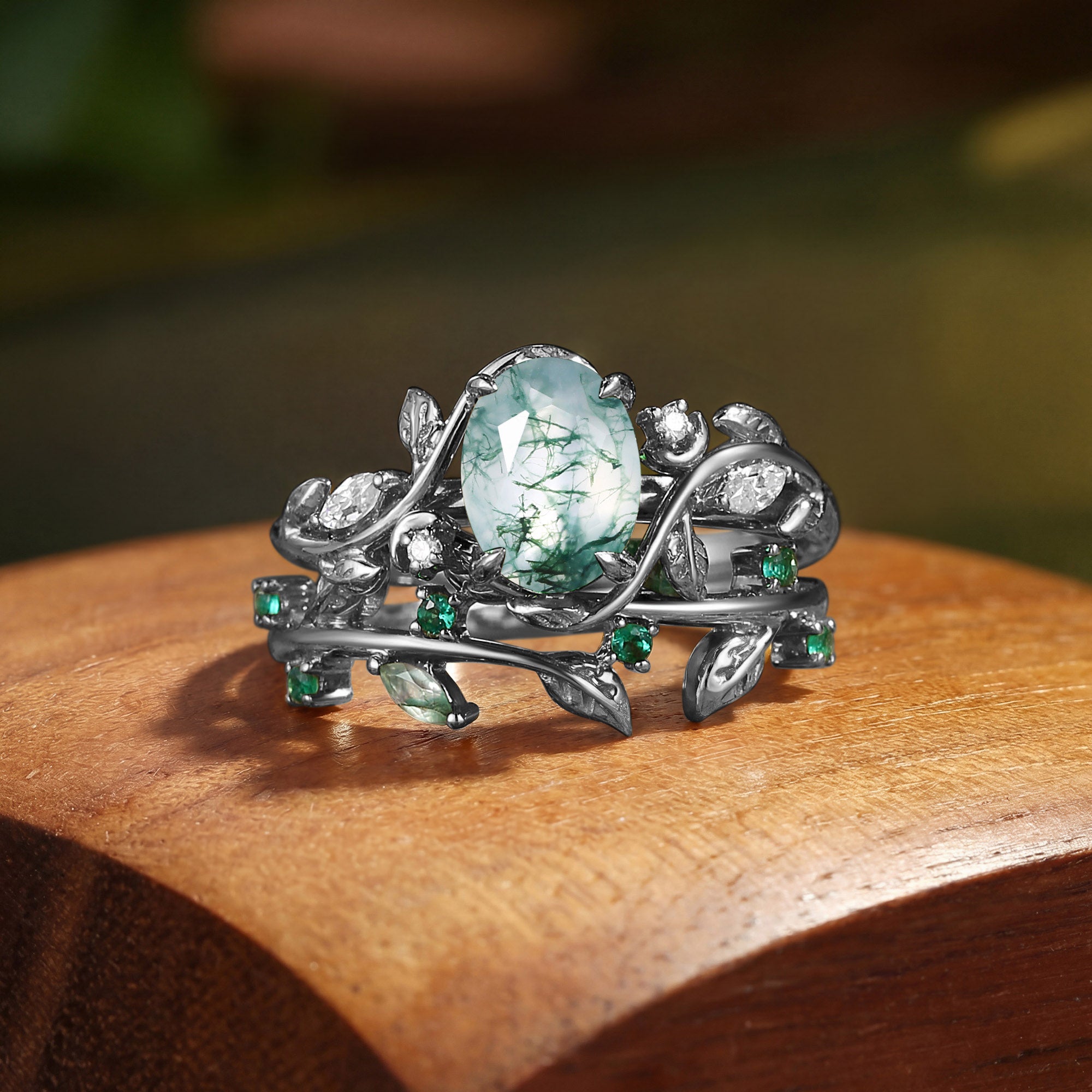 Désirée - Oval Cut Moss Agate Branch Leafy Engagement Ring Set 2pcs