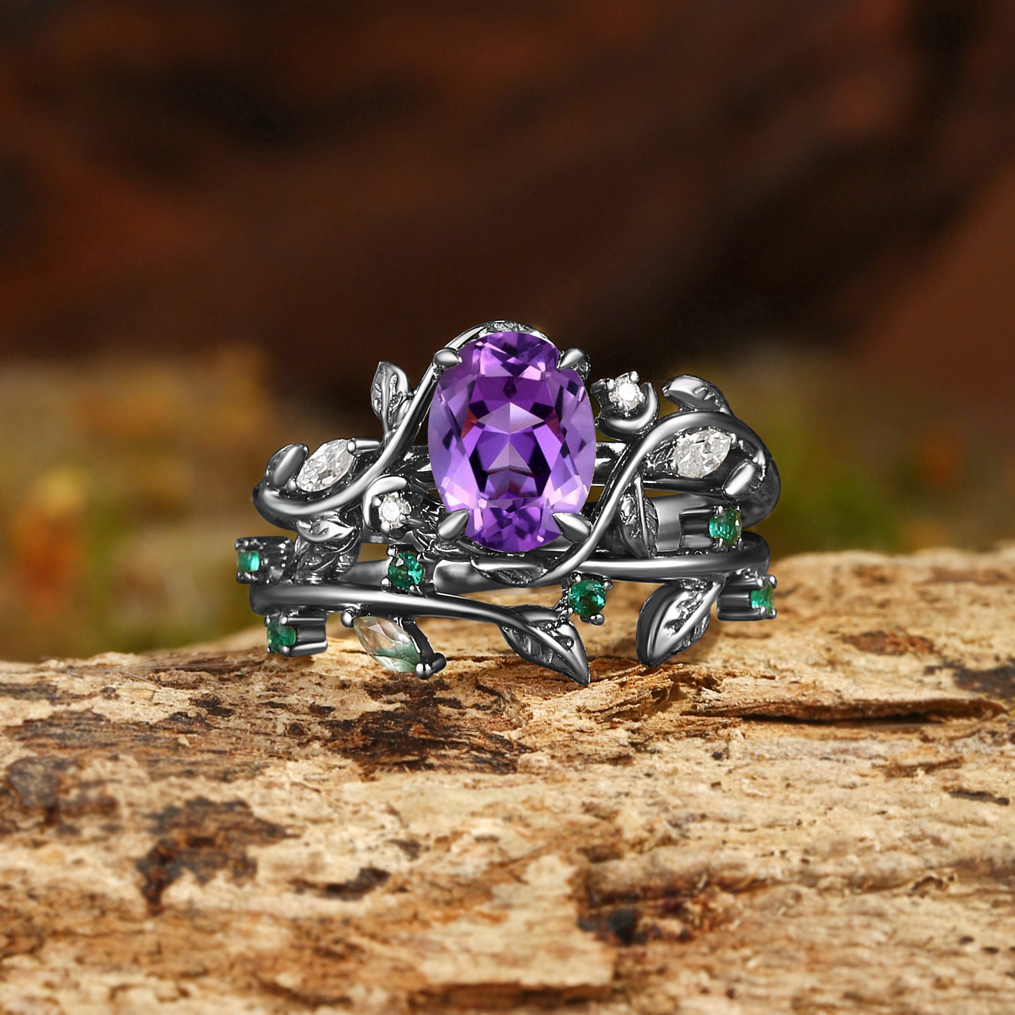 Désirée - Oval Cut Amethyst Branch Leafy Engagement Ring Set 2pcs