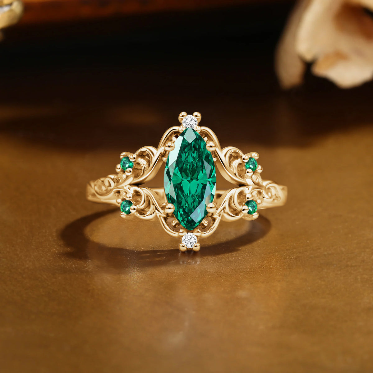 Lois - Marquise Lab Emerald Filigree Royalcore Wedding Ring