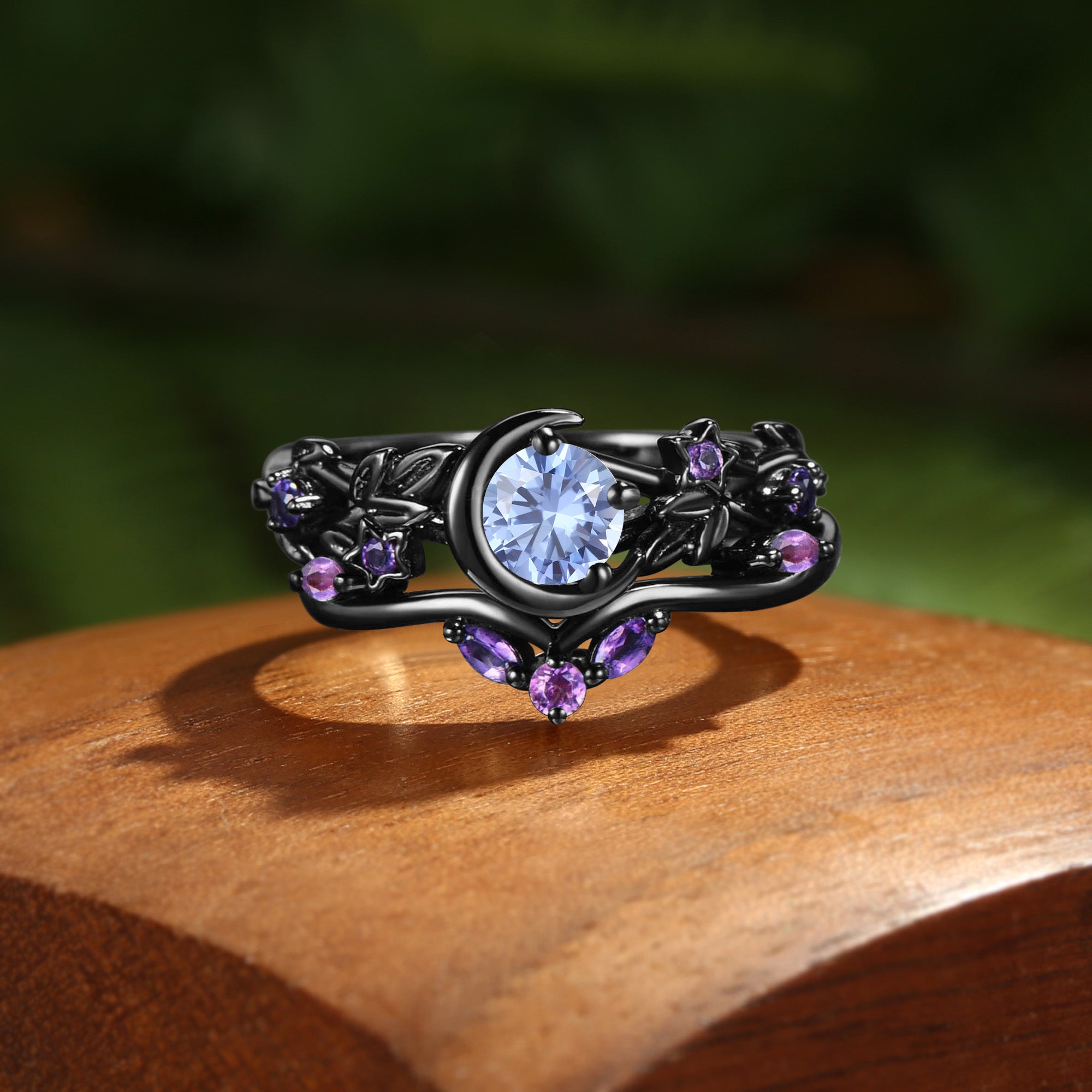 Cornflower Blue Sapphire Moon & Star Galaxy Orion Nebula Bridal Set 2pcs - Ysolde