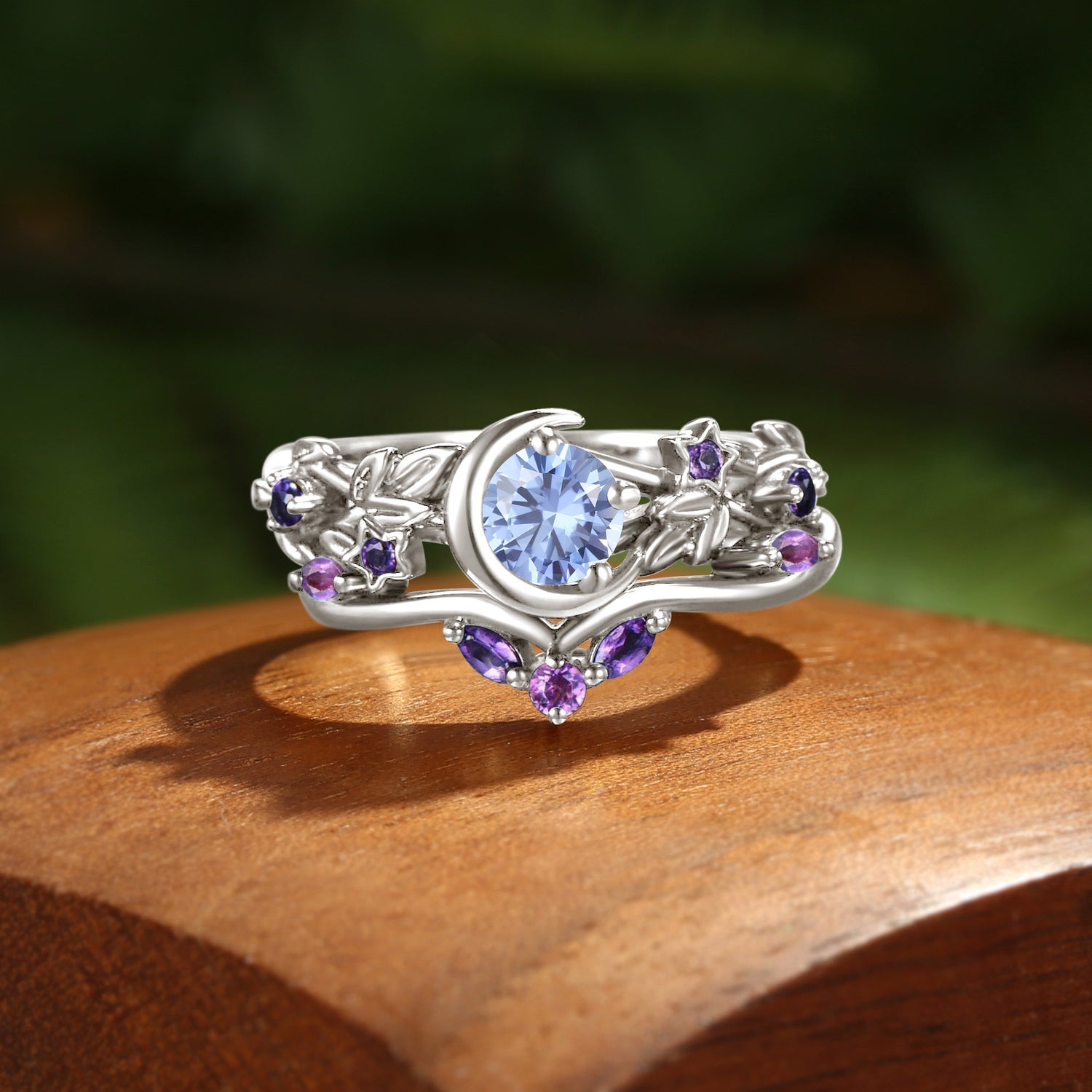 Cornflower Blue Sapphire Moon & Star Galaxy Orion Nebula Bridal Set 2pcs - Ysolde