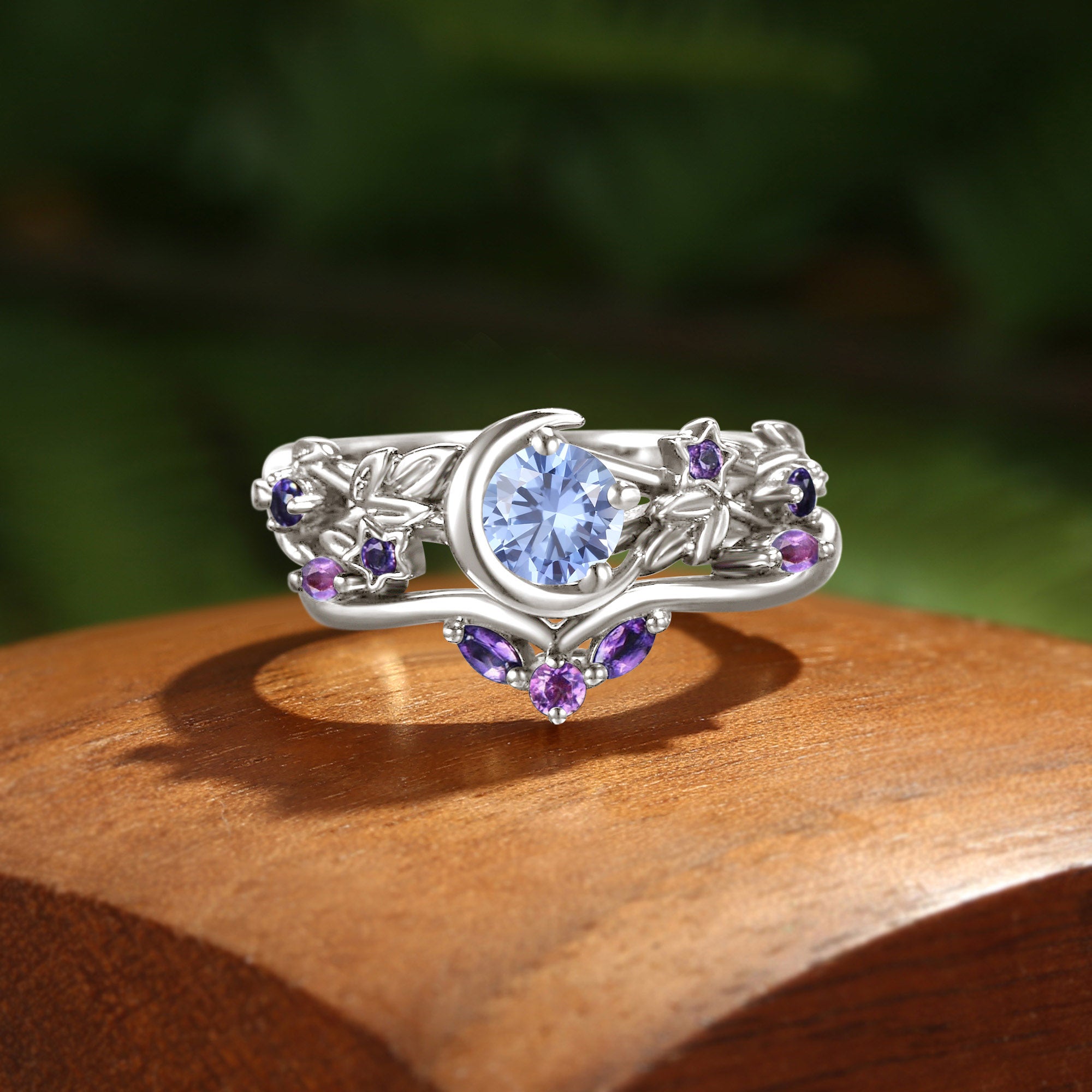 Cornflower Blue Sapphire Moon & Star Galaxy Orion Nebula Bridal Set 2pcs - Ysolde