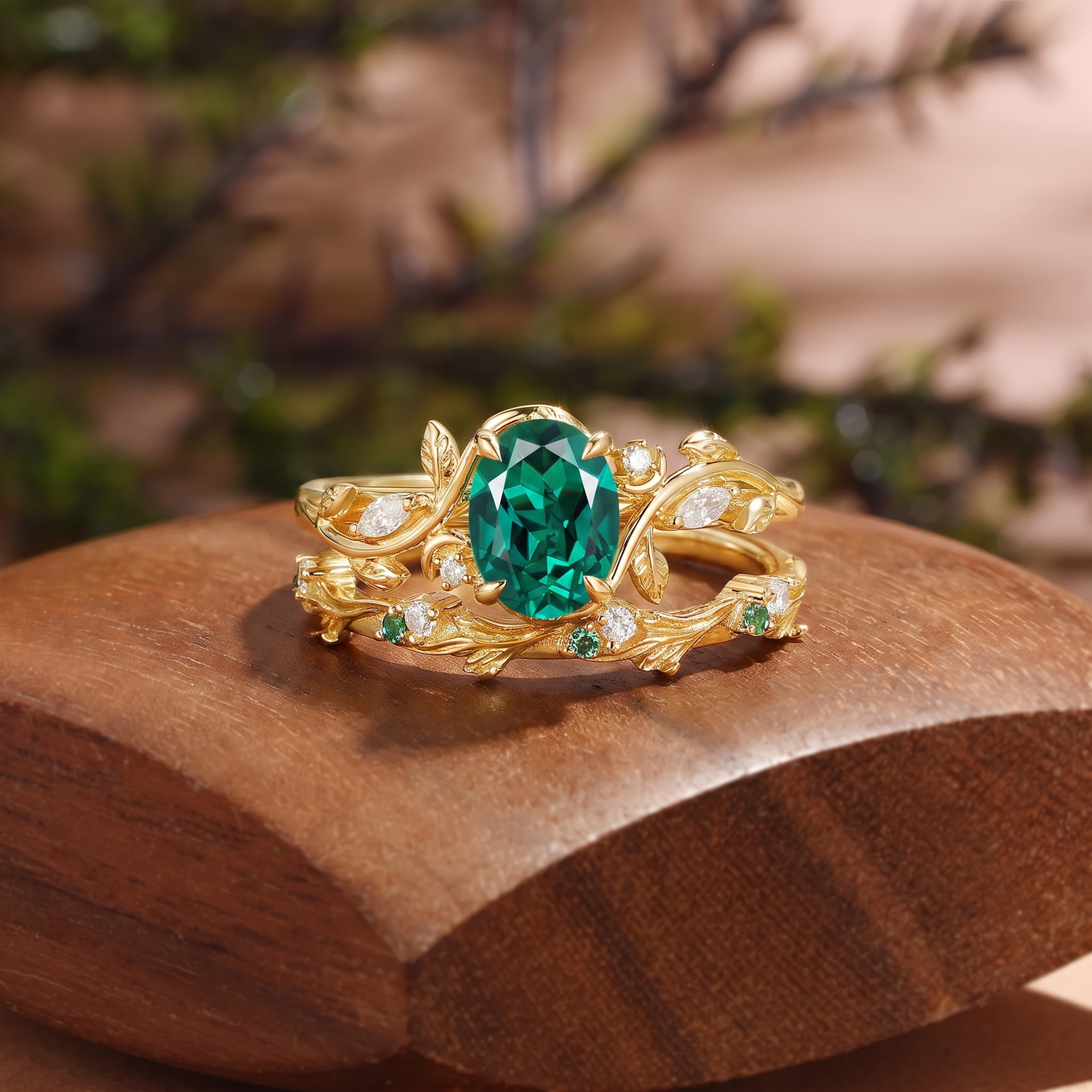 Oval Cut Lab Emerald Leafy Inspired Branch Band Bridal Set 2pcs - Désirée