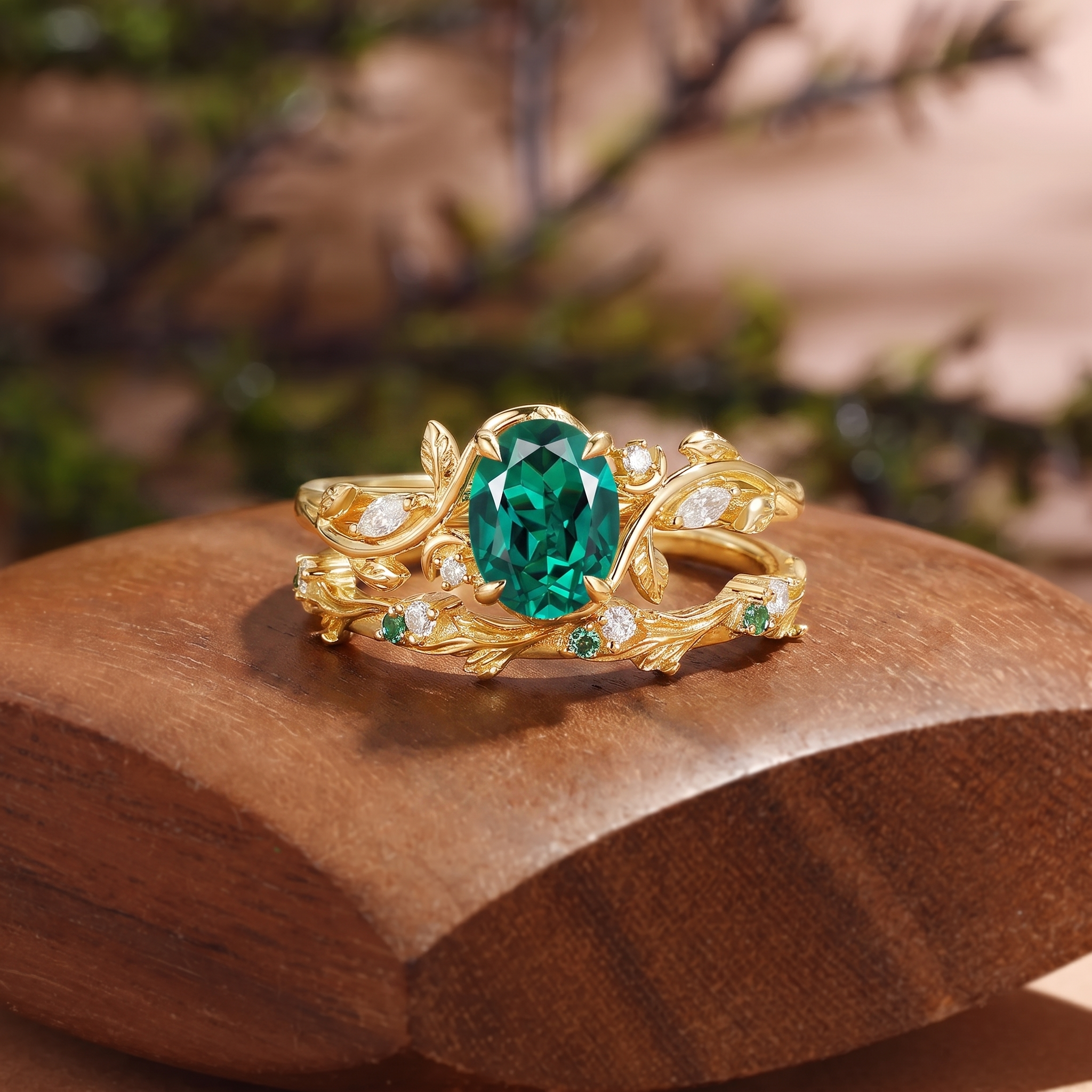 Oval Cut Lab Emerald Leafy Inspired Branch Band Bridal Set 2pcs - Désirée