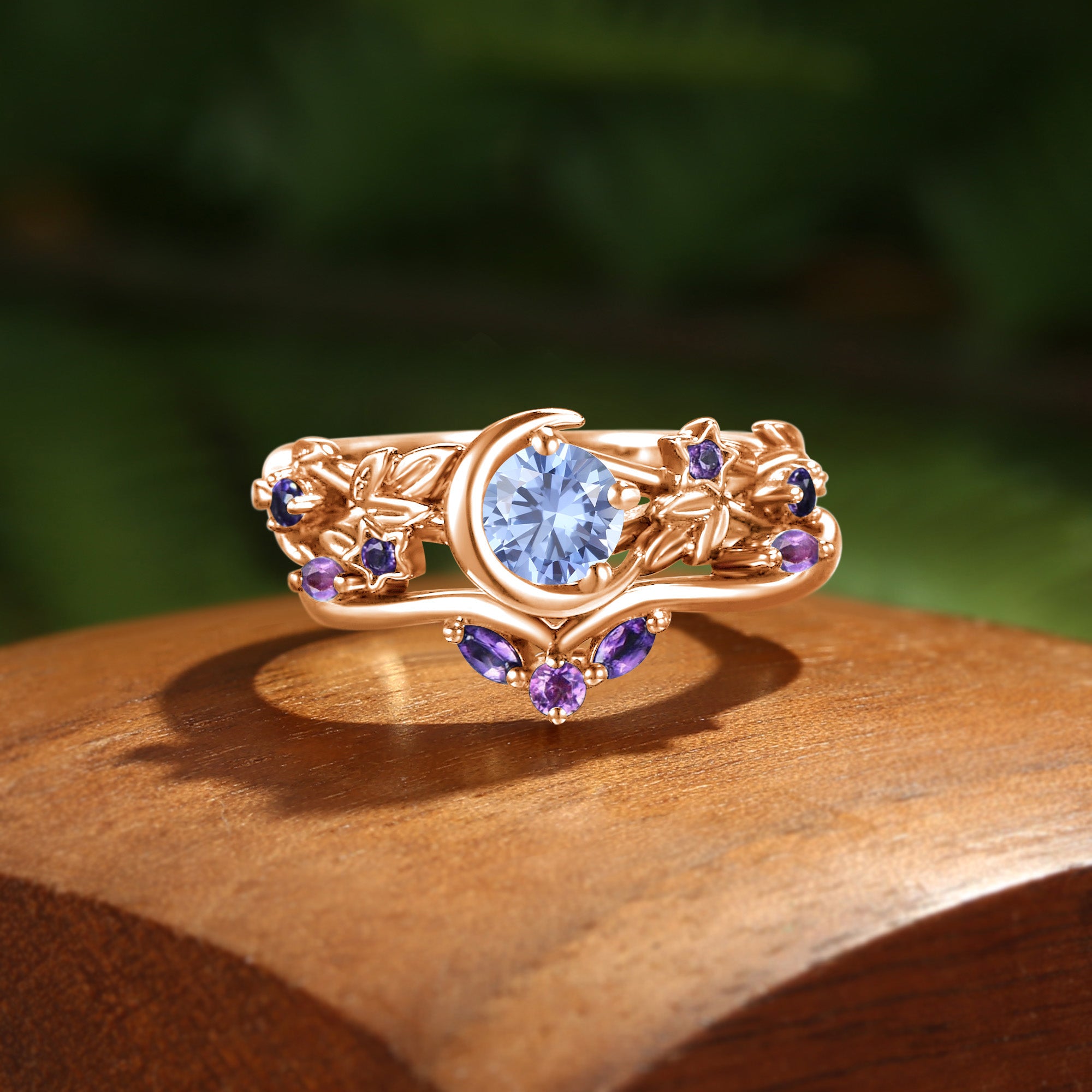 Cornflower Blue Sapphire Moon & Star Galaxy Orion Nebula Bridal Set 2pcs - Ysolde